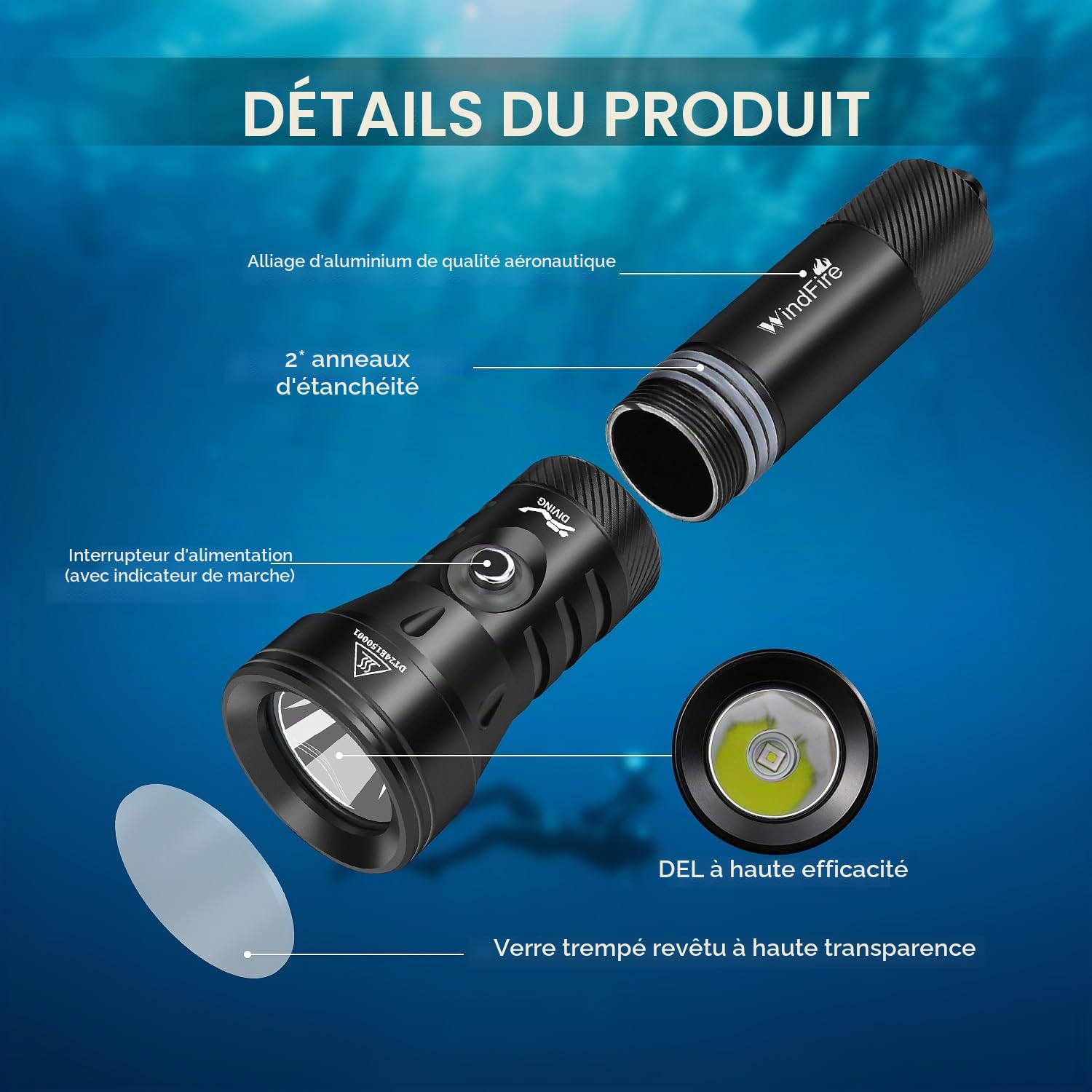 WINDFIRE Lampe de plongée 7 000 lumens lampe de poche de plongée super lumineuse 4 modes lampe de poche sous-marine avec indicateur de puissance, professionnelle lampe de plongée