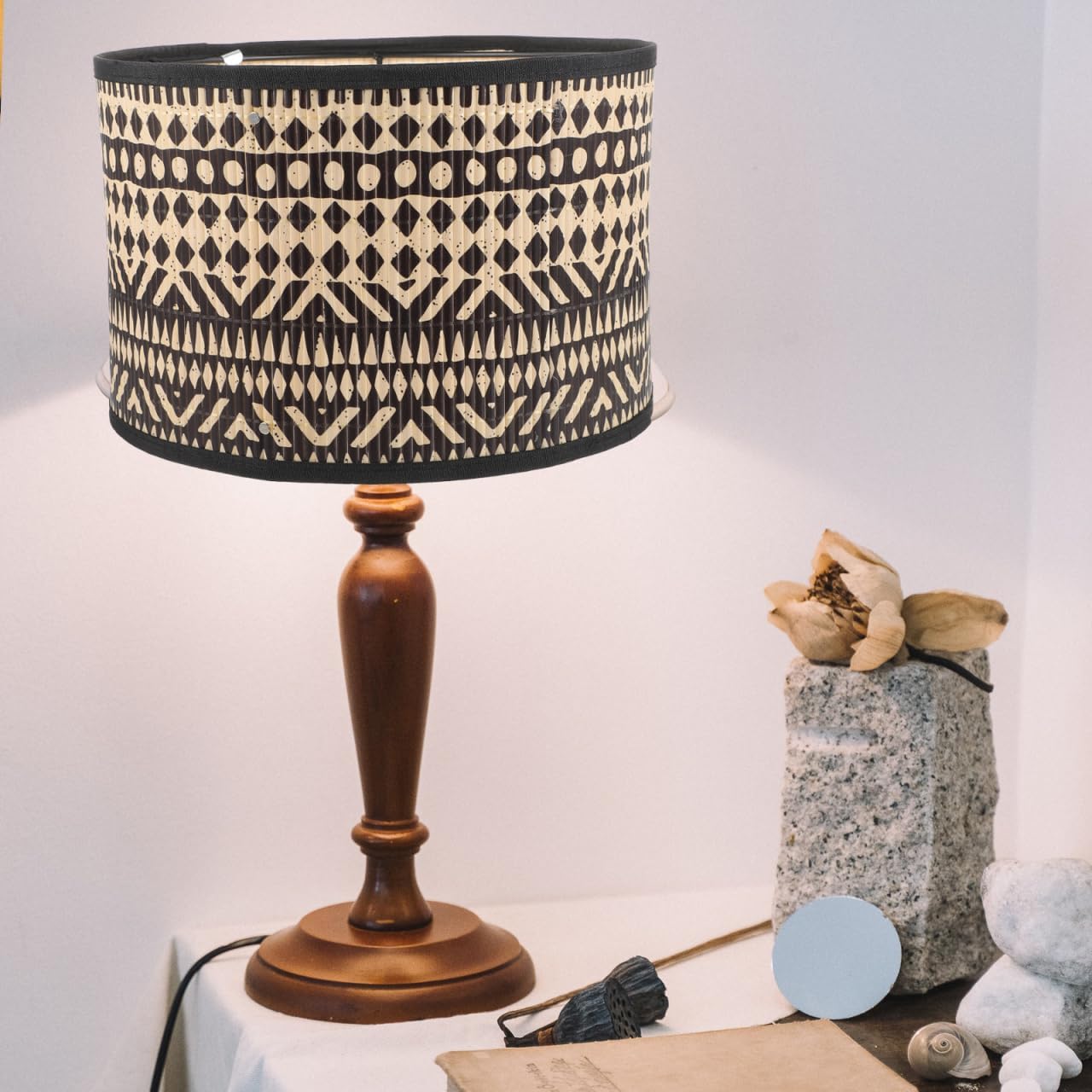 DOITOOL Decorative Bamboo Lamp Shade 11.81X11.81X7.87In Printed Drum Lampshade for Restaurant Pendant and Table Lamps Vintage Style