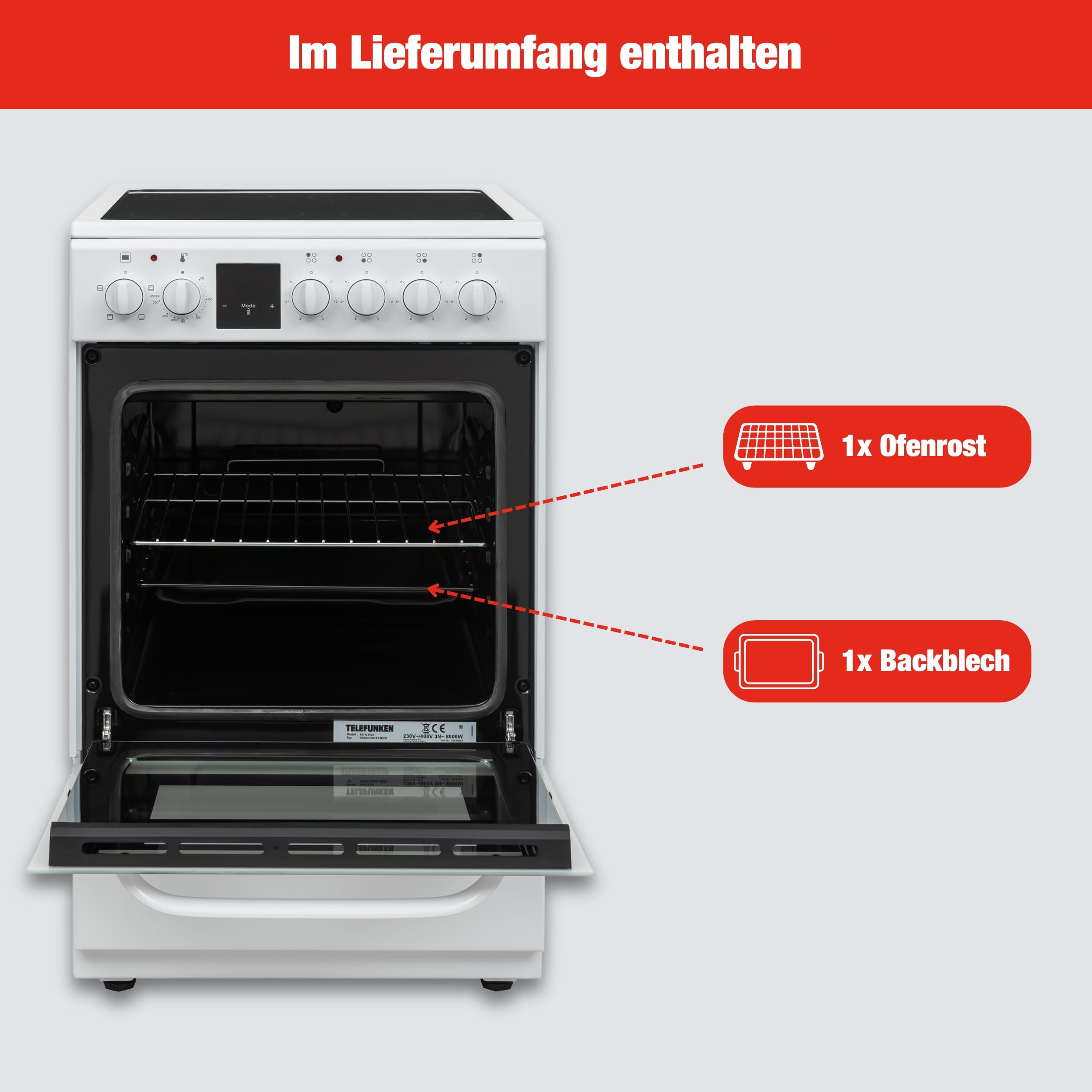 Telefunken Standherd mit Glaskeramik-Kochfeld | Elektroherd freistehend 50 cm breit | Herd mit Backofen und Kochfeld | 55 Liter | 5 Betriebsarten | 4 Kochzonen | LED-Display | EEK A | Weiß | BSHC55AI