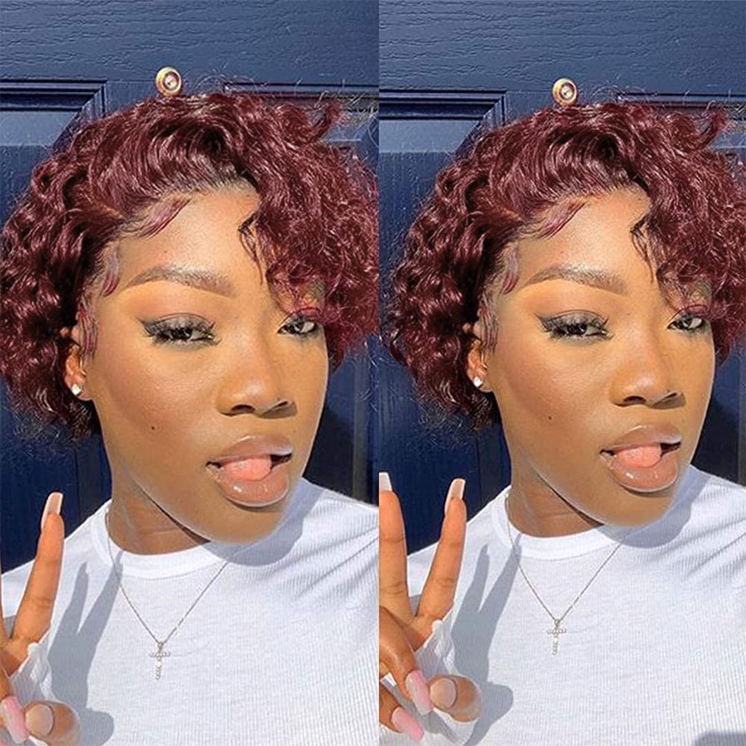 uolovaPixie Cut Wigs for Black Women Human Hair Lace Front Wigs Curly Bob Burgundy Human Hair Wigs 13x1 Lace 180 Density Pre-plucked Wig 6 Inch, 99j