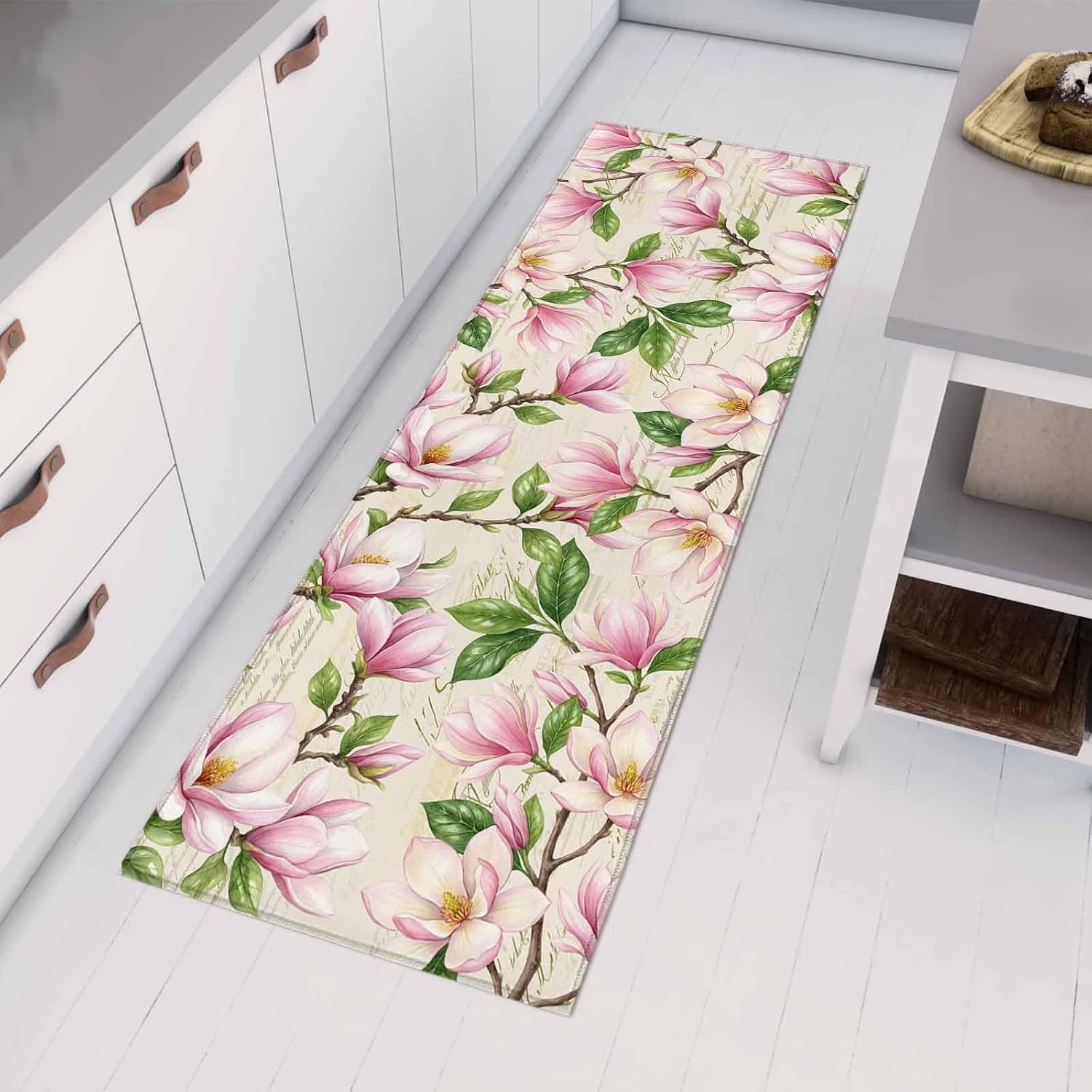 Teamery Kitchen Mats for Floor Pastoral Magnolia Ombre Pink Washable Non Slip Kitchen Rugs 1PCS, Farmhouse Blossom Floral Absorbent Standing Mats for Sink Bathroom Office Living Room 15.7x47.2in