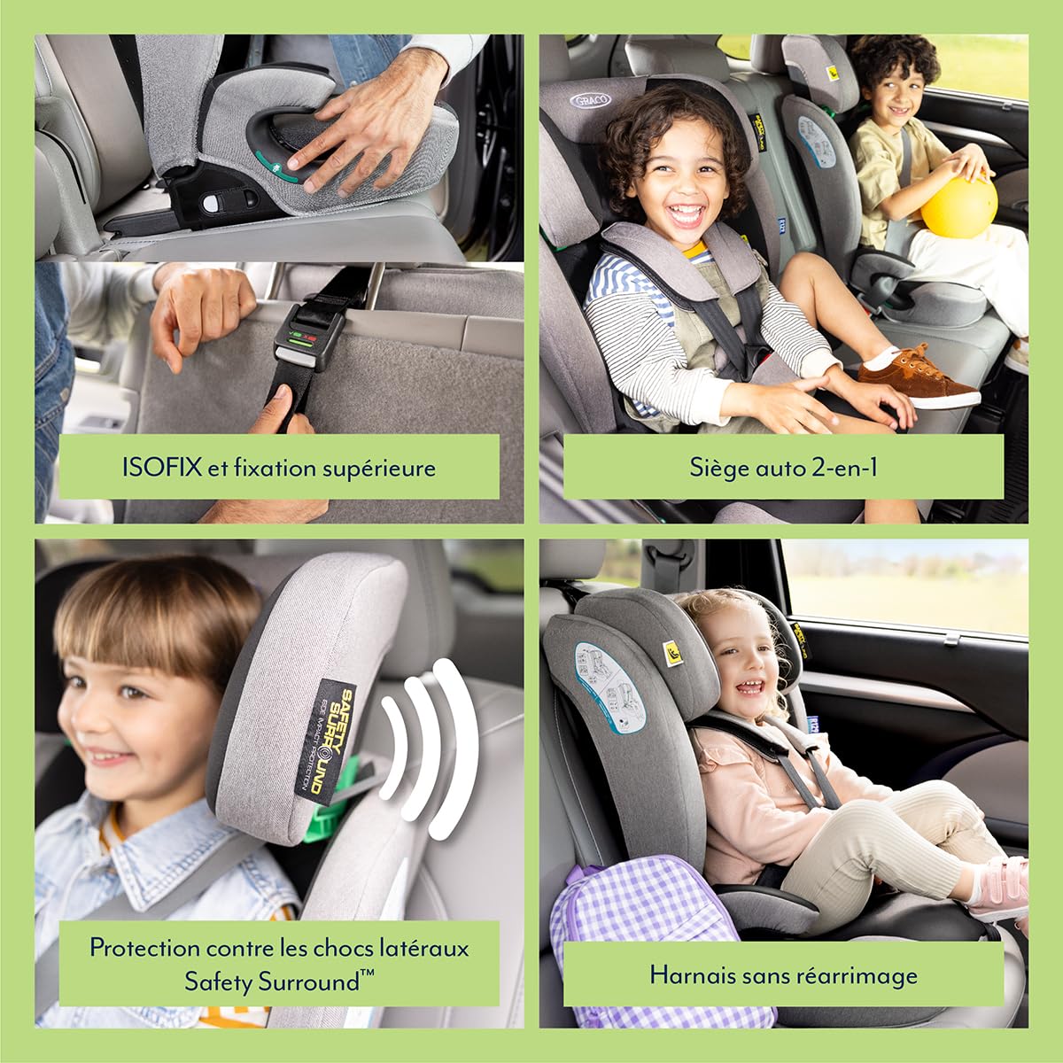 Graco Energi i-Size R129, rehausseur à harnais 2-en-1 ISOFIX avec attache supérieure, de 76 à 150 cm (de 15 mois jusqu'à environ 12 ans), face à la route, gris/noir, Meteor