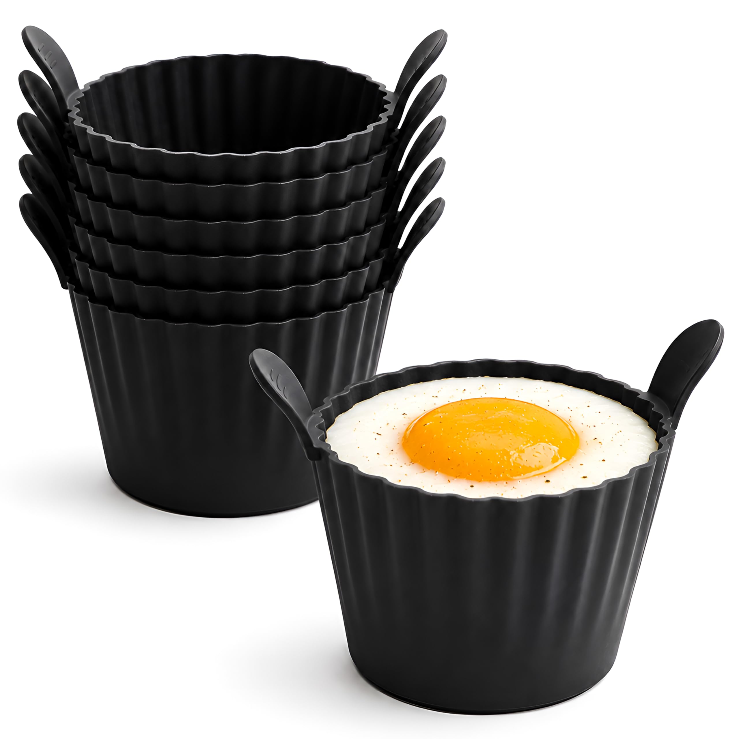 6 Pack Air Fryer Ramekins, Durable Silicone Cups for Breakfast Meals, Silicone Egg Moulds for Poached Eggs, Muffins, and Cupcakes, Oven and Dishwasher Safe (Black)
