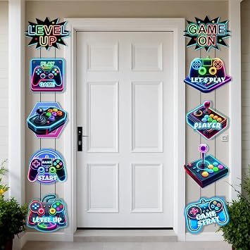 Video Game Party Decorations Video Gaming Door Banner Game Controller Banner Blue Birthday Gamer Party Decor for Boys Kids Level Up Gaming Pre-Assembled Bunting Garland Hanging Wall Supplies