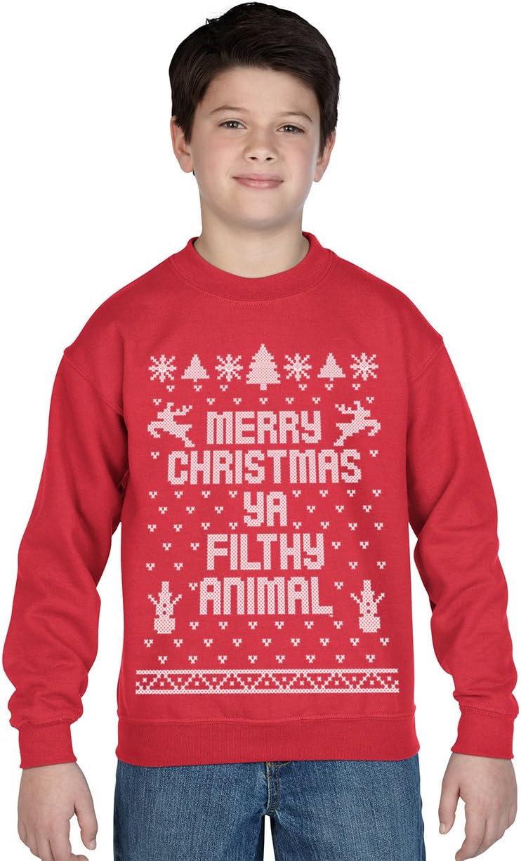 Funny Threads OutletMerry Christmas Ya Filthy Animal Ugly Christmas Sweater Contest Party Xmas Youth Sweatshirt X-Large Red