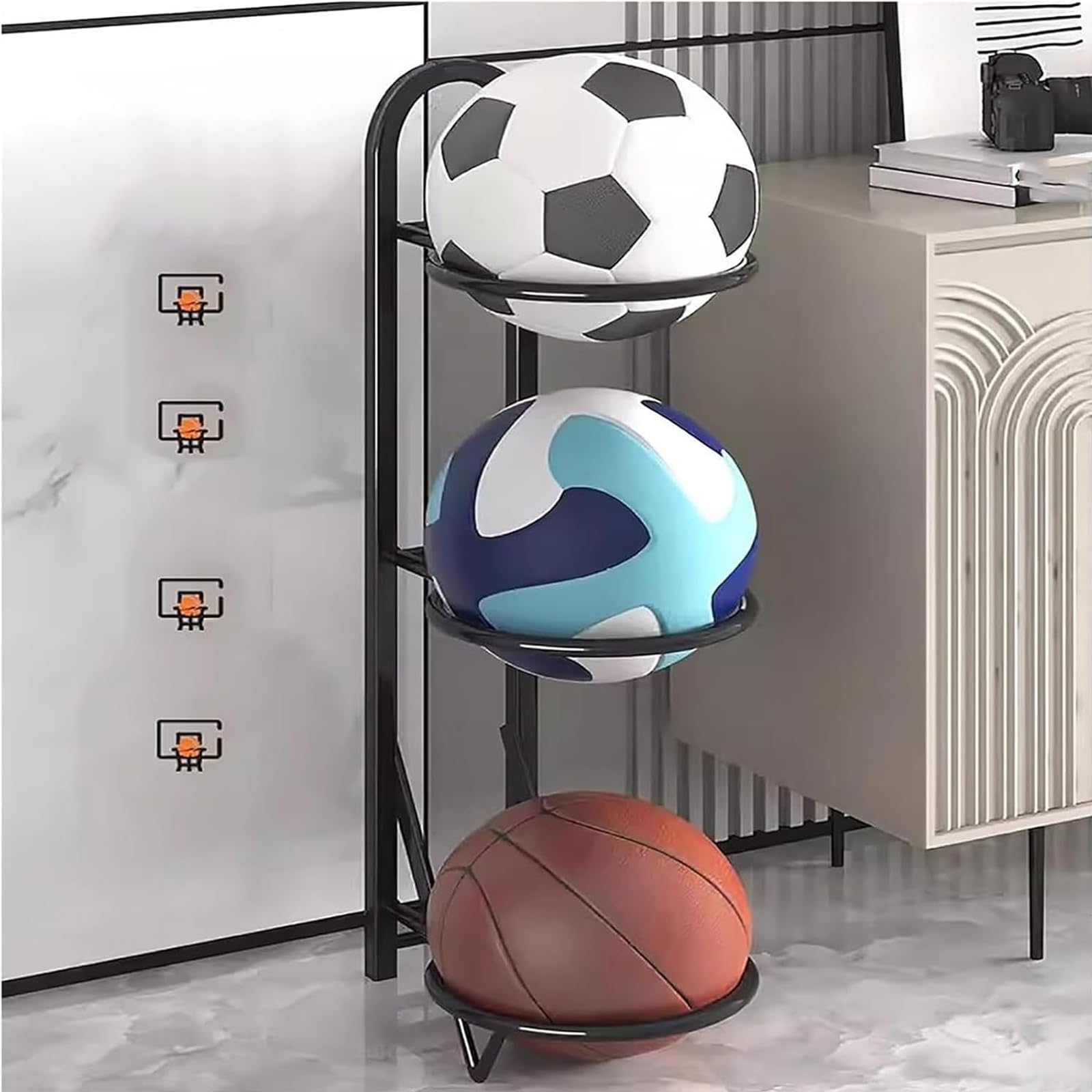 YNBSHGAA Foldable Ball Storage Rack, Basketball Football Steel Stand Holder, 3-Ball Capacity, Display Rack for Volleyball Rugby Soccer, Black