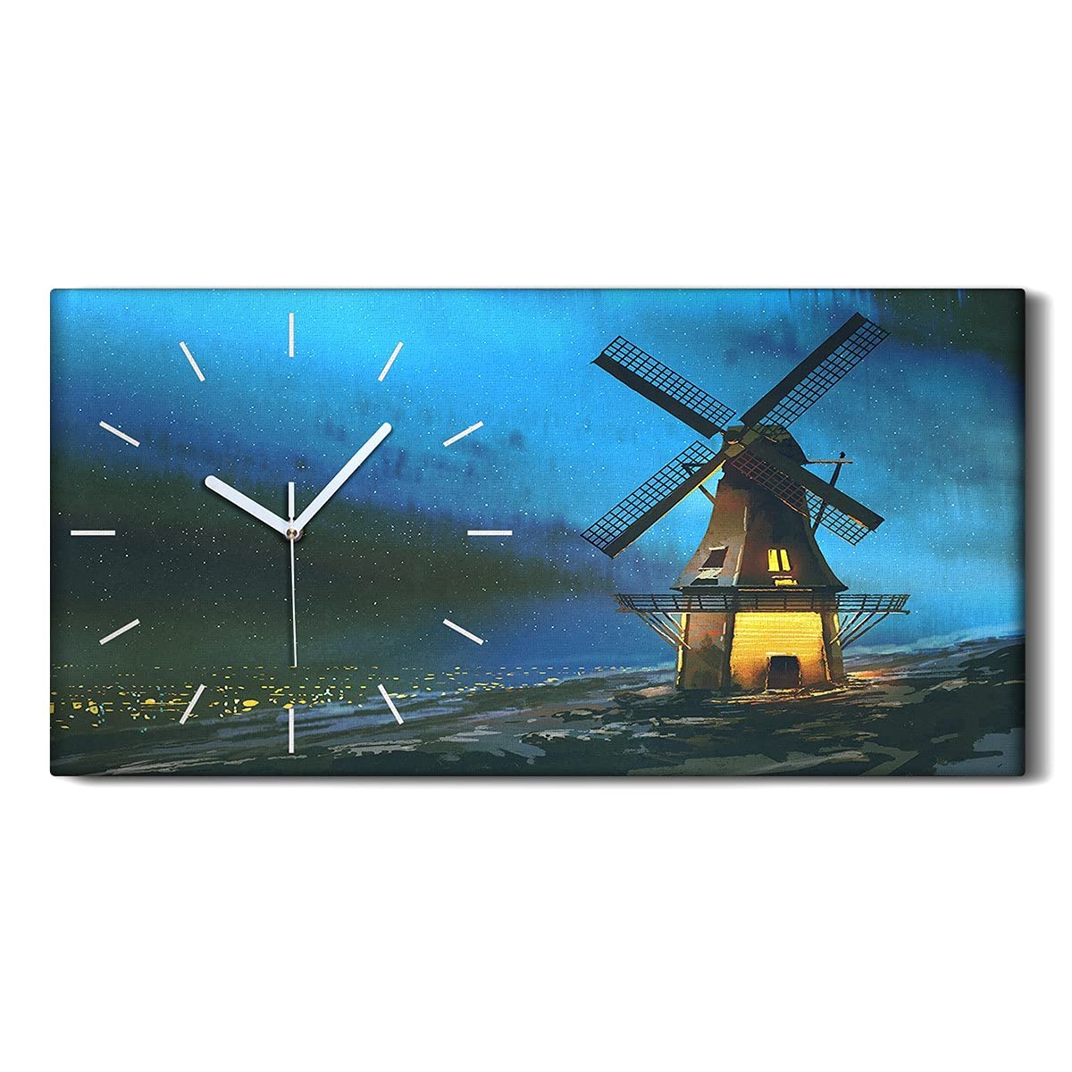 Horloge sur toile design art moderne paysage de nuit moulin 60x30
