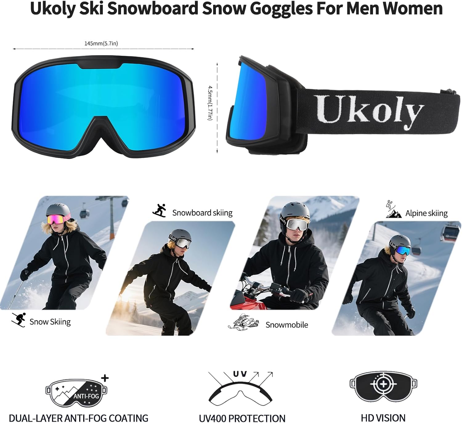 Ukoly Ski/Snowboard Goggles for Men Women, Snow Goggles HD Lens Anti-Fog Coating OTG Design UV400 Protection Windproof