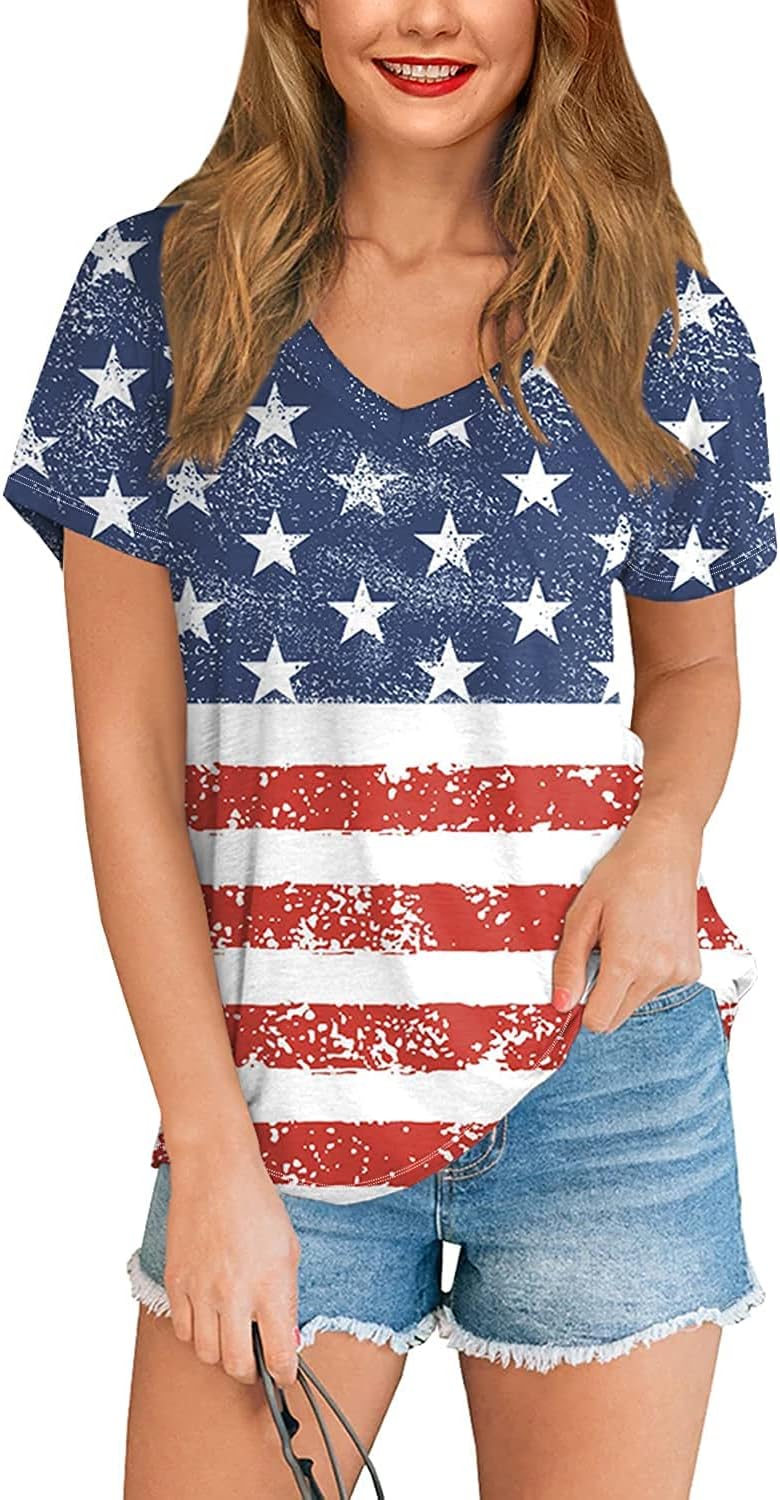 Barlver Womens American Flag Shirt Short Sleeve 4th of July Flag Top Loose Patriotic Independence Day T-Shirts S-XXL