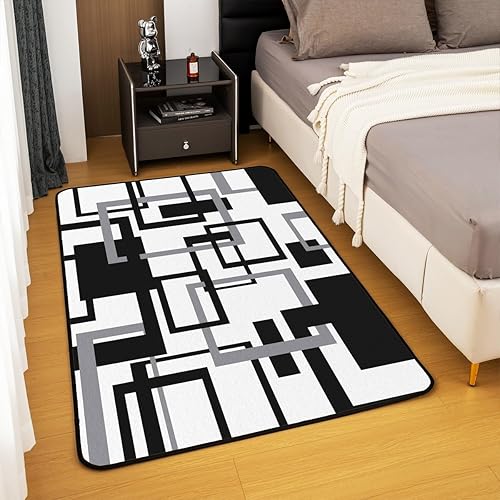 Miniatura 2 de Erosebridal Alfombra de cuadrícula para sala de estar, alfombra blanca y negra de 5 x 7 pulgadas, patrón geométrico que no se desprende, alfombra
