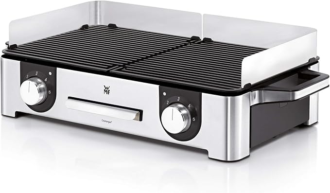 WMF Lono - Mastergrill, Parilla Eléctrica 2400W, Superficie Antiadherente, 2 Placas Desmontables con Regulador Temperatura Individual, Acabados de Acero Inoxidable Cromargan, Color Plateado/Negro
