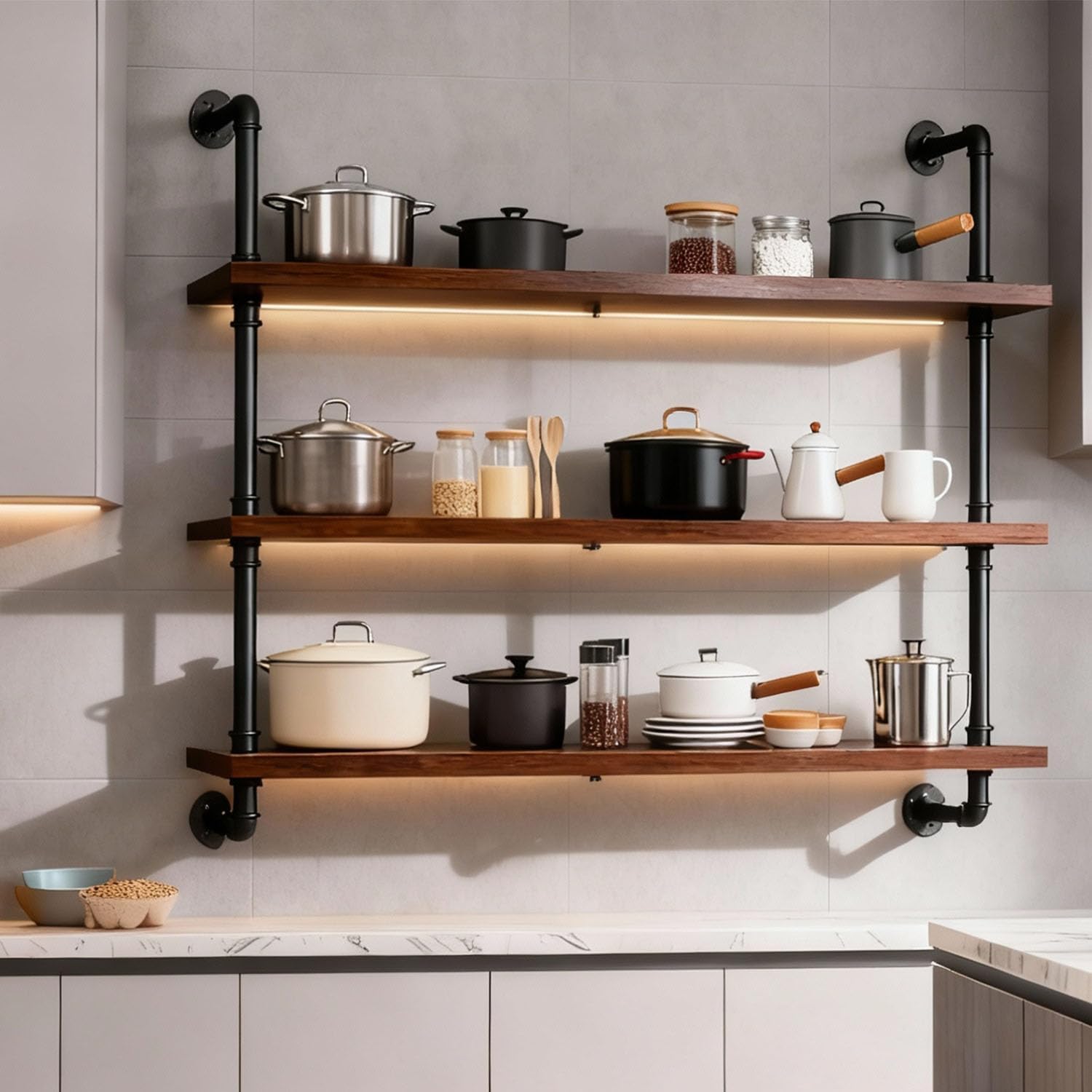 47.2" Modern Wine Rack Wall Mounted with LED Lights, 3-Tiers Industrial Pipe Liquor Floating Shelves, Rustic Metal Wall Wine Rack for Home, Restaurant, Commercial Bar, Kitchen Storage Display