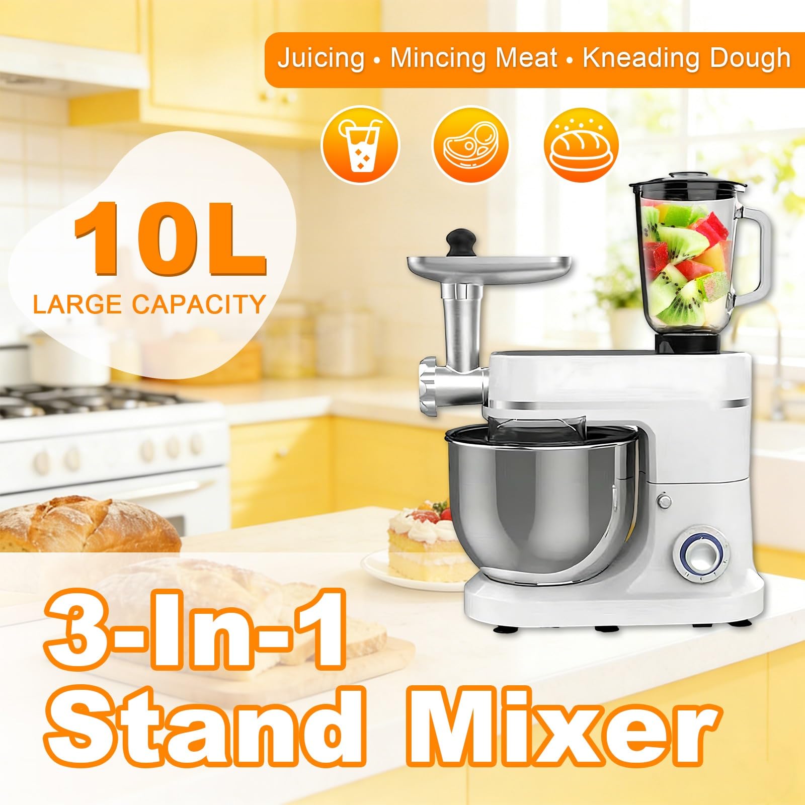 Robot Kuchenny 3w1 Robot Kuchenny Rodzinny 1500W Mikser Stojący 10L Misa Stal Nierdzewna Blender Metalowa Maszynka Do Wyrabiania Ciasta Pieczenia