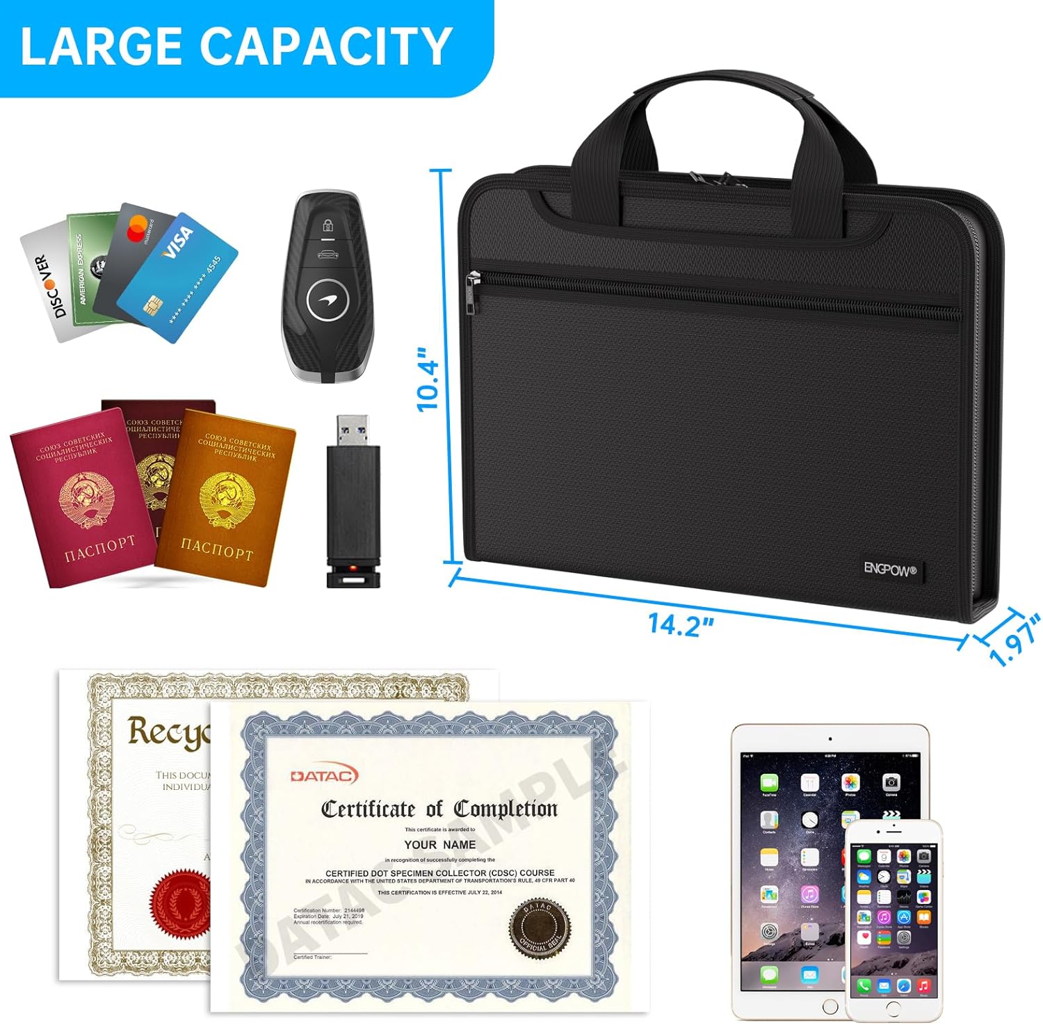 ENGPOW Document Organizer Folder, Fireproof Expanding File Folder with Multi Pockets, 3 Pockets File Organizer with Handle, Portable Home Travel Safe Storage for Important Documents, Passport, Laptop