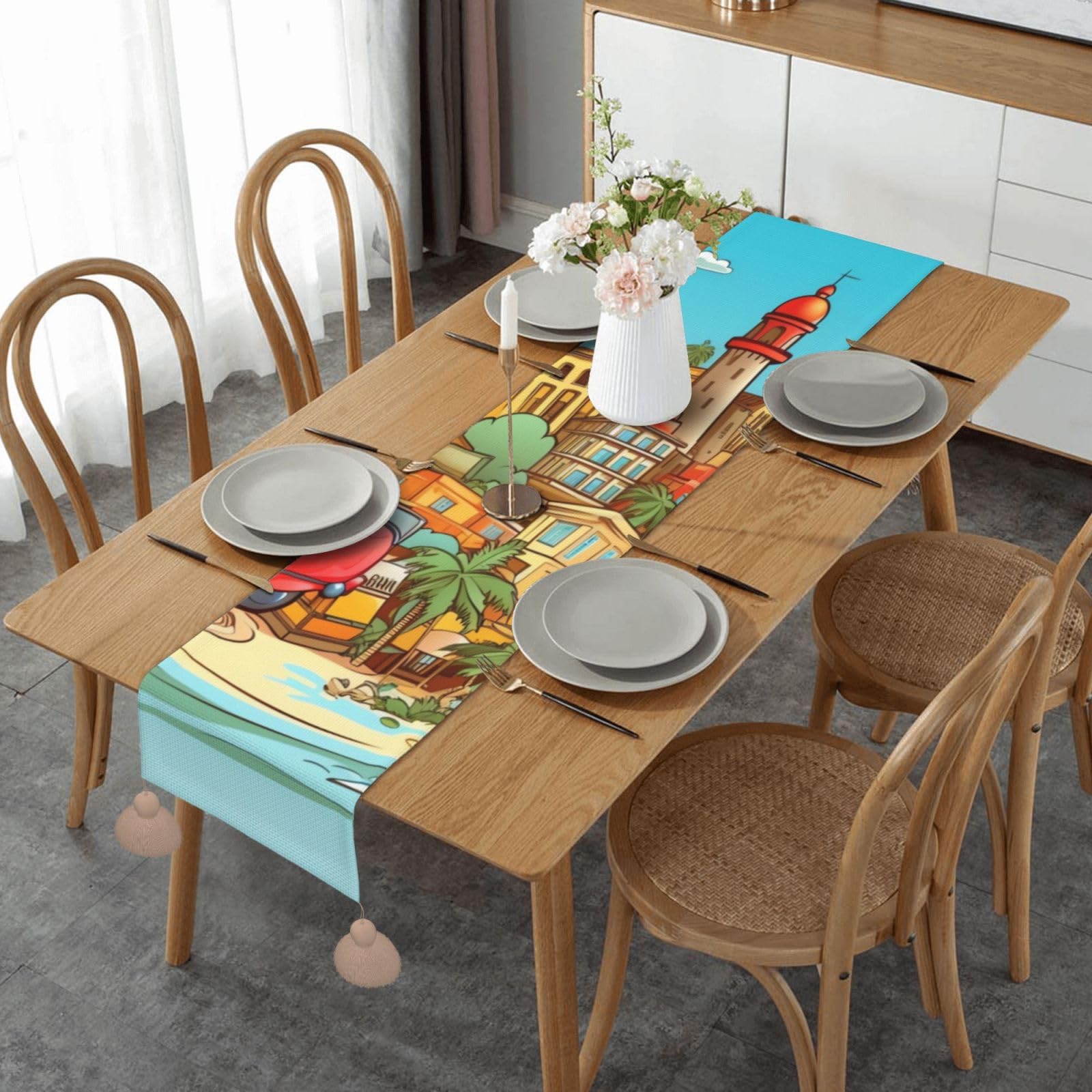 Chemin de table rustique Cuba 35x152 cm avec pompons pour décoration de fête