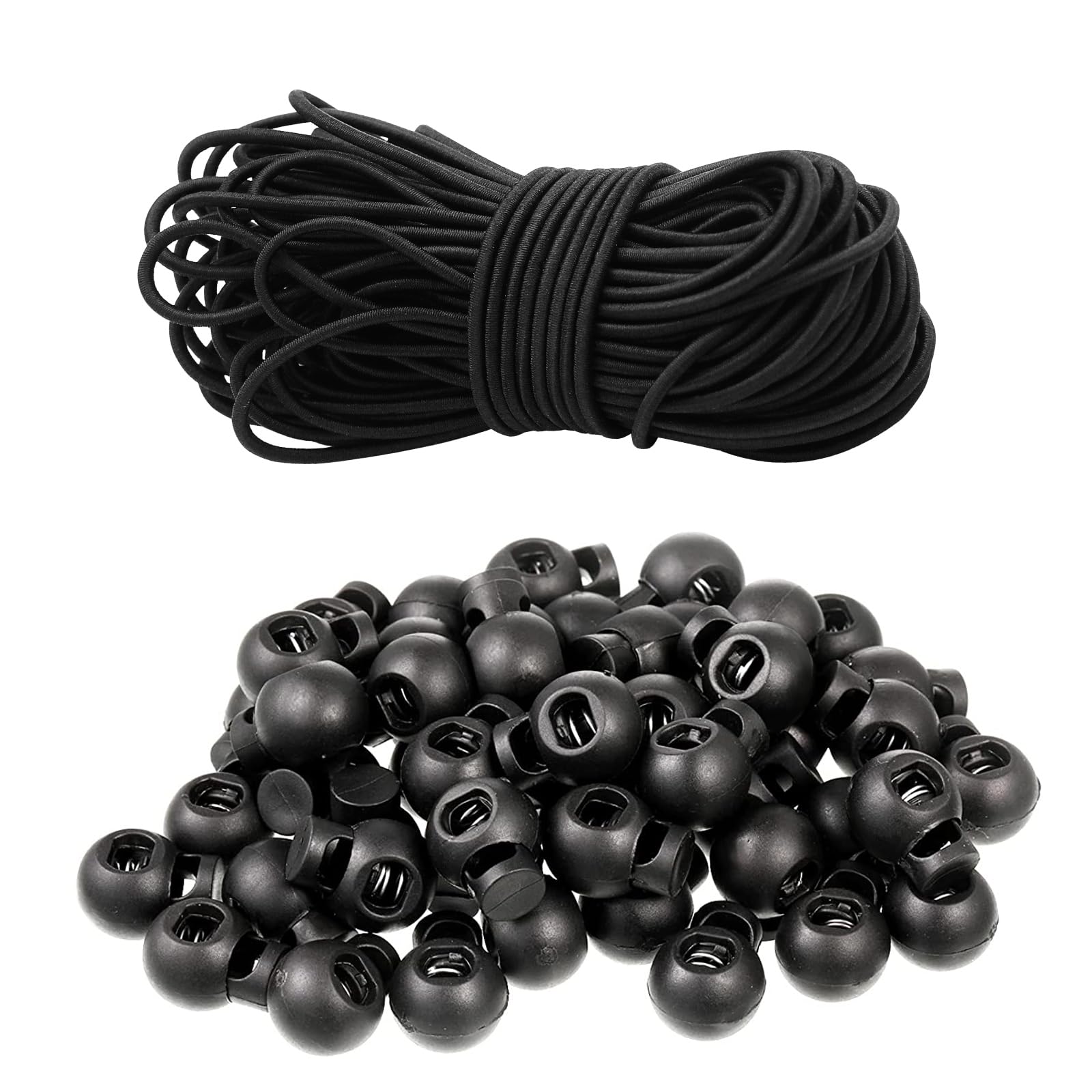 Drawstring Cord 100 Pcs Toggles for Drawstrings and 15m/49ft Black Elastic Cord 2mm Sturdy drawstring toggle and Round Black Elastic Cord for Shoelaces, Clothing, Bag, Backpack, etc