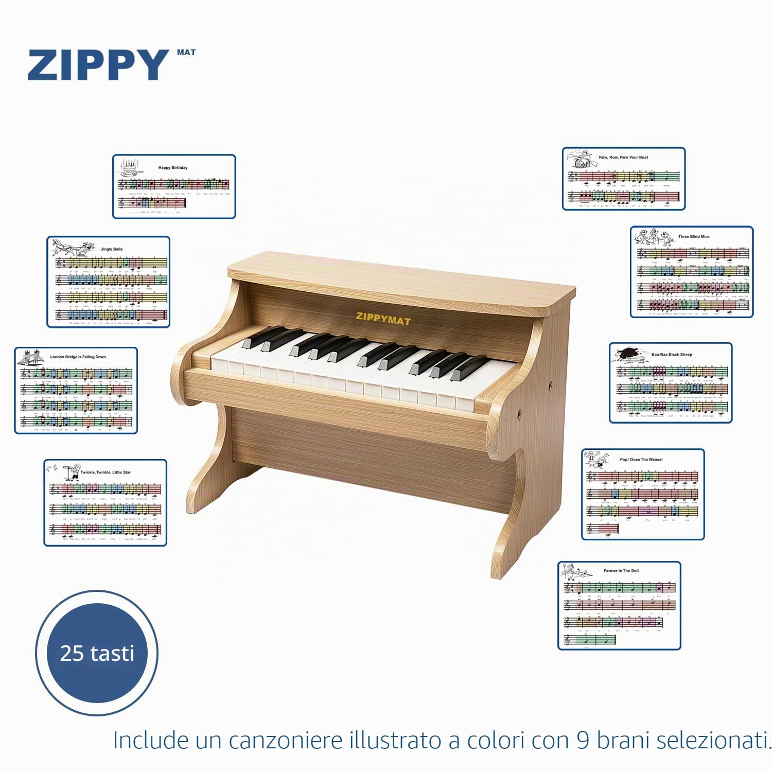 Tastiera per pianoforte per bambini, 25 tasti, pianoforte digitale per bambini, mini strumento di apprendimento musicale, pianoforte in legno per bambini e bambine (Quercia)
