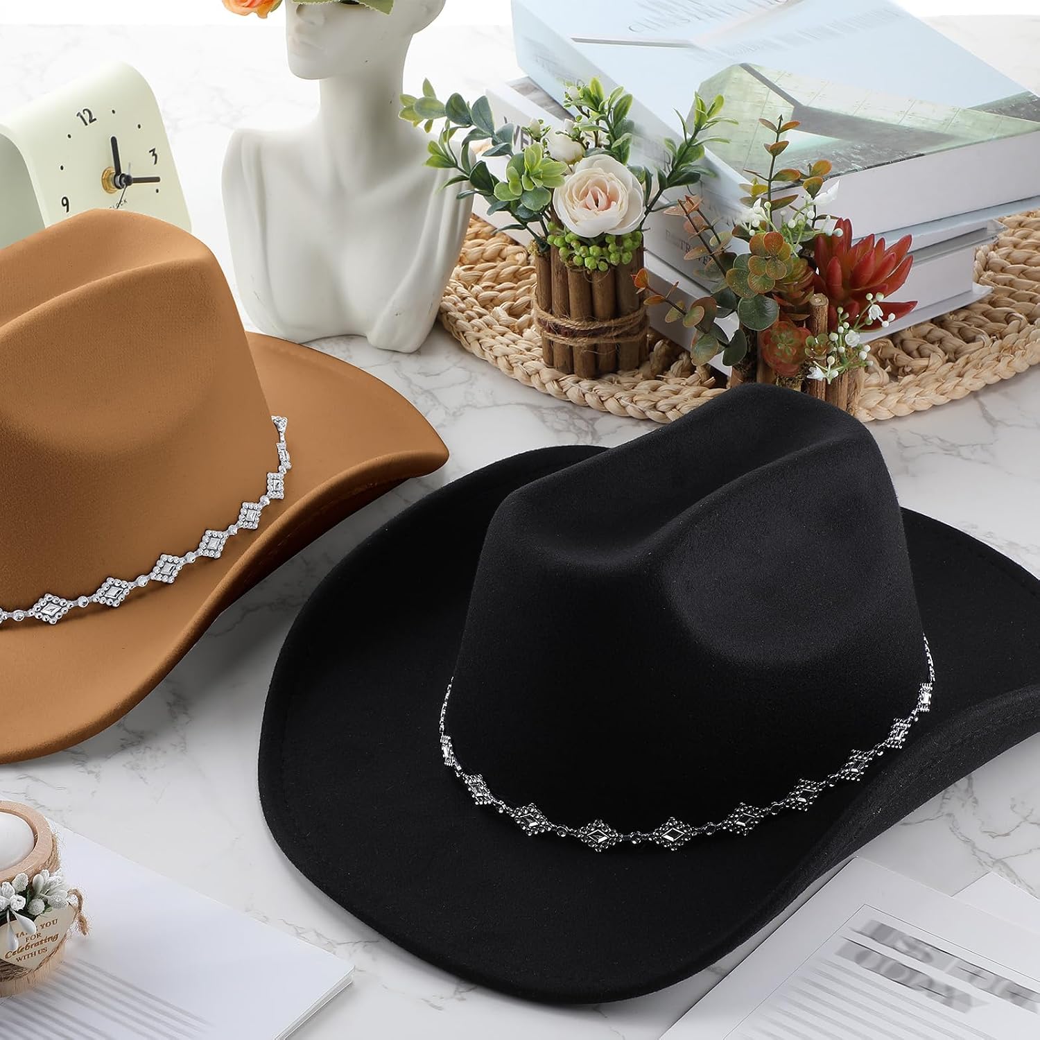 Hercicy 2 Pcs Western Cowboy Hat for Women and Men Classic Felt Wide Brim Cowgirl Hats with Metal Studs for Halloween