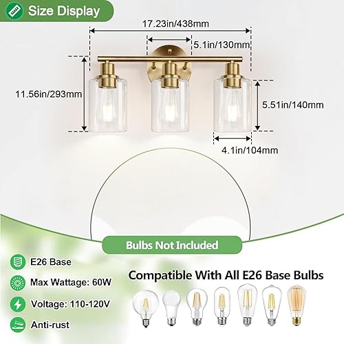 Miniatura 7 de Lámparas de baño de 3 luces, luces de pared de baño de latón cepillado, moderna lámpara de tocador de baño con pantalla de vidrio transparente,