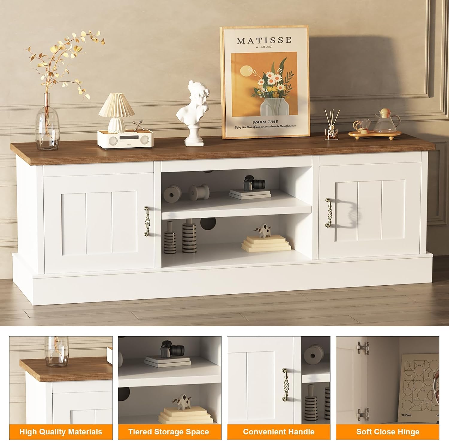 61" Farmhouse TV Stand for 65 Inch TVs, Wooden Entertainment Center with 2 Storage Cabinets, Open Shelves & Cable Management, Rustic Media Console Table for Living Room Bedroom Home Office,White&Brown