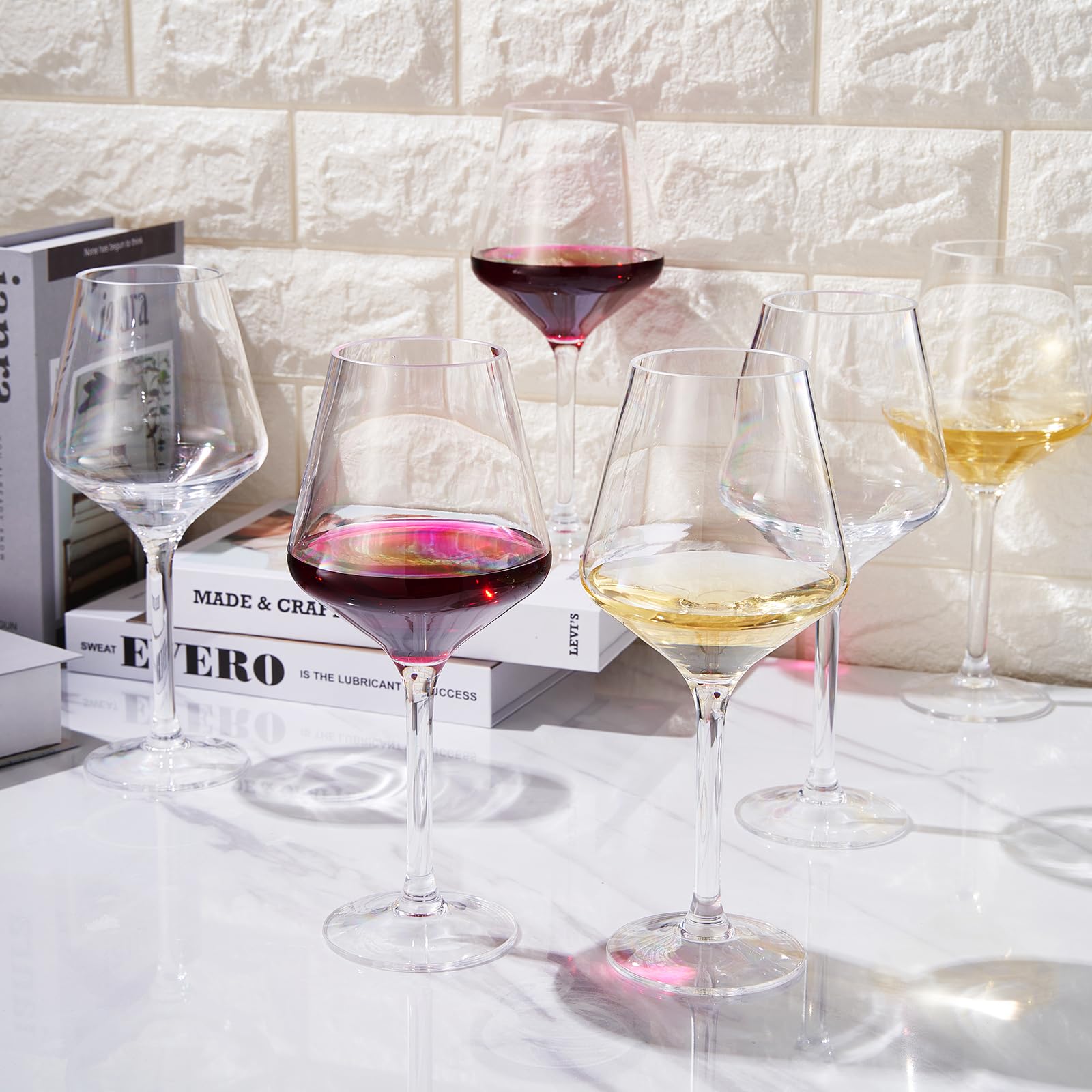 Khen Copas de vino irrompibles con tallo, acrílico Tritan | Juego de 8 | Vasos de cristal de estilo europeo, 18 onzas con tallos aptos para lavavajillas, plástico inastillable, sin BPA, reutilizable,