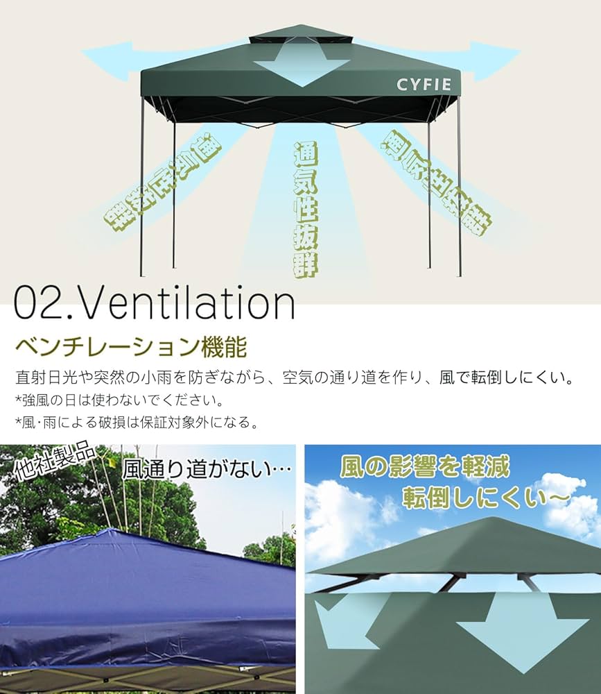 CYFIE タープテント 3x3m サイドシート1枚付属 風抜けベンチレーション Amazon | CYFIE タープテント 3x3m サイドシート1枚付属 風抜け
