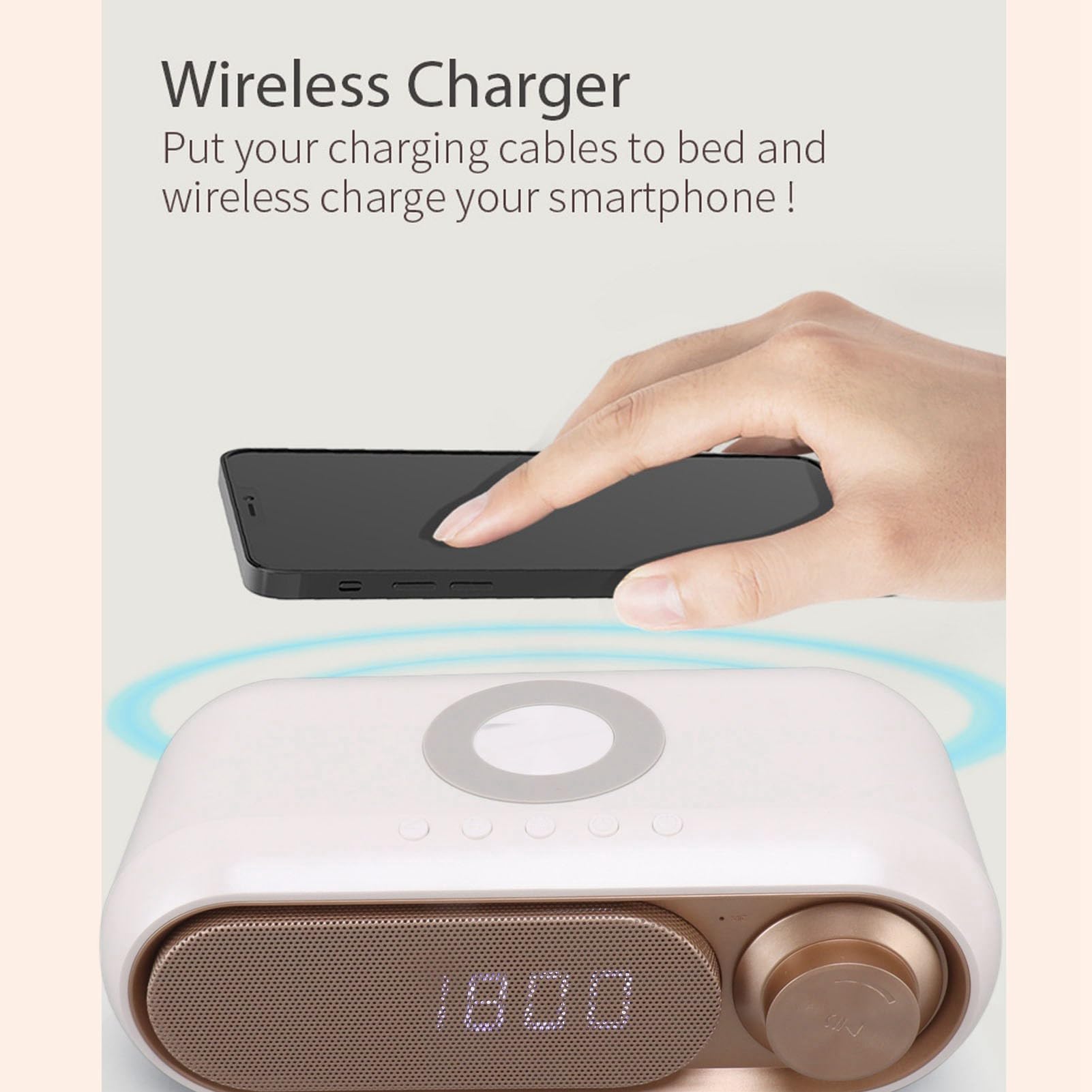 PerGar Sveglia Digitale, Radiosveglia con Caricabatterie Wireless, Elegante Sveglia Digitale a LED con Altoparlante Bluetooth, Altoparlante Bluetooth Radio FM con Caricabatterie(Spray Bianco Oro 10W)