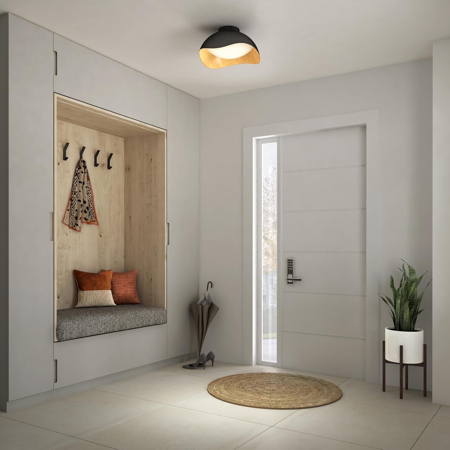 artika Adara Modern Flush Mount Ceiling Light Fixture, Black and Wood Finish
