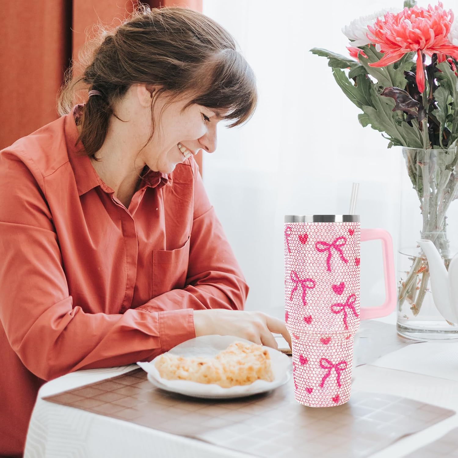 JarThenaAMCS Valentine's Day Pink Bow Tumbler with Lid and Straw 40oz Rhinestone Bowknot Heart Tumbler with Handle for Women Girls Stainless Steel Cup for Home Office Travel Gift - Image 5