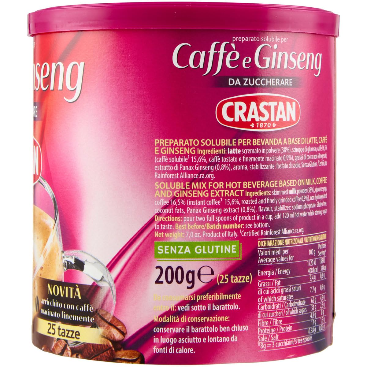 Crastan Ginseng e Caffe' Solubile, sin azúcar, ginseng instantáneo y café, 2 x (200 g, 25 tazas) + llavero Beni Culinari gratis