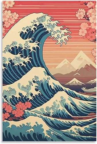 Póster japonés de Ukiyo-e Art The Great Wave Of Kanagawa - Marco para póster con diseño de montaña, lienzo decorativo para colgar en la pared,