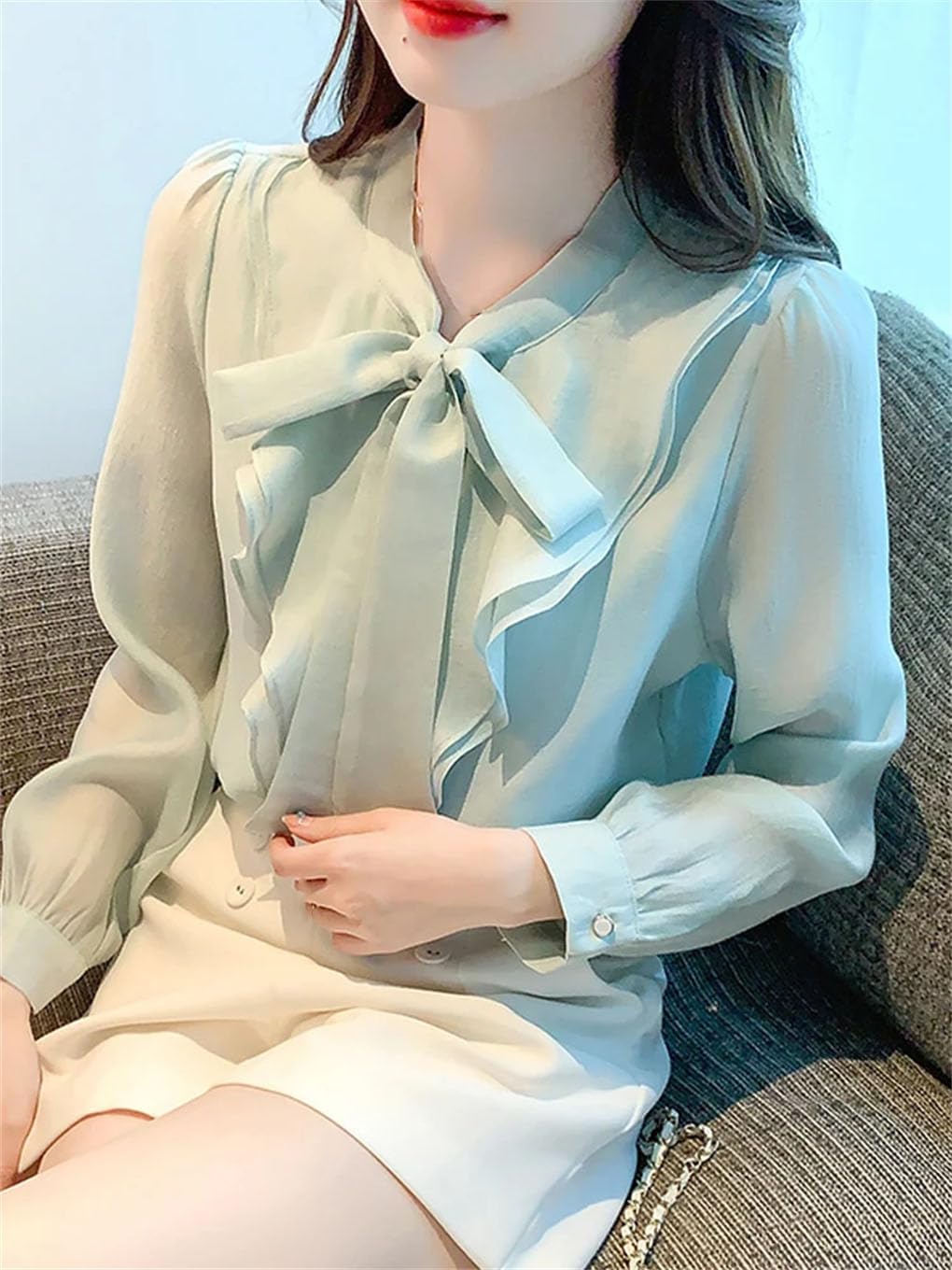 Camicetta in chiffon con volant a maniche lunghe da donna pullover solido fiocco camicia collare lavoro ufficio top