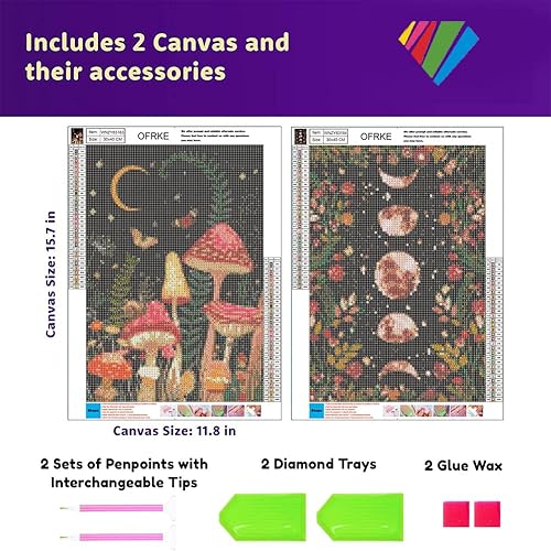 Miniatura 3 de Kits de pintura de diamantes de 2 piezas para adultos y niños, 5D DIY de taladro completo, gemas de arte de bosque de hongos, arte perfecto para