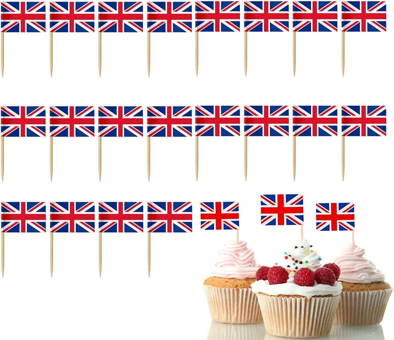 100PCS Union Jack Flag Cake Toppers for VJ Day 80th Celebrations Decorations,UK British Toothpicks Cocktail Stick Flags Cupcake Toppers for VJ Day Party VJ Day Tableware Food Decor