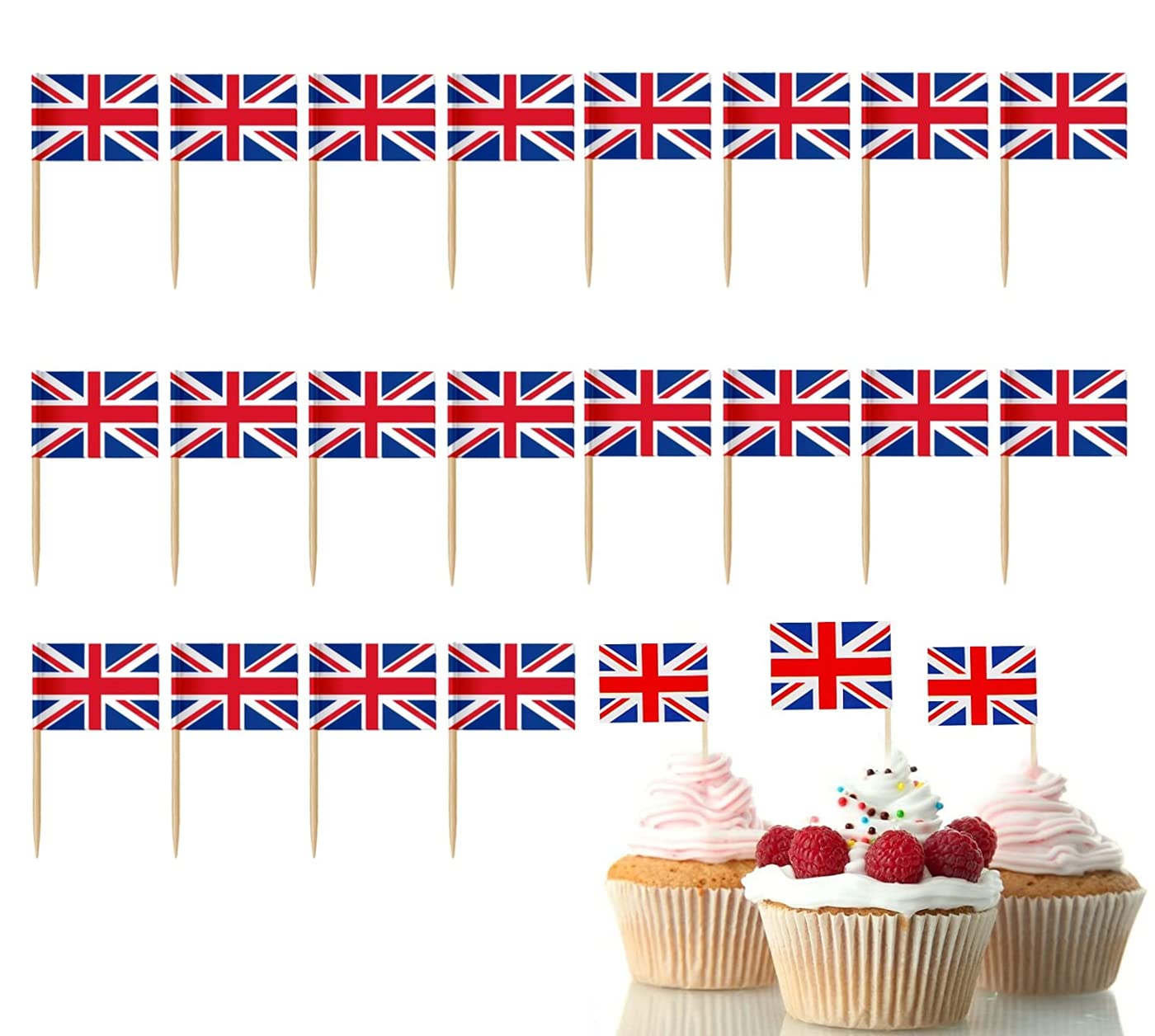 100PCS Union Jack Flag Cake Toppers for VJ Day 80th Celebrations Decorations,UK British Toothpicks Cocktail Stick Flags Cupcake Toppers for VJ Day Party VJ Day Tableware Food Decor
