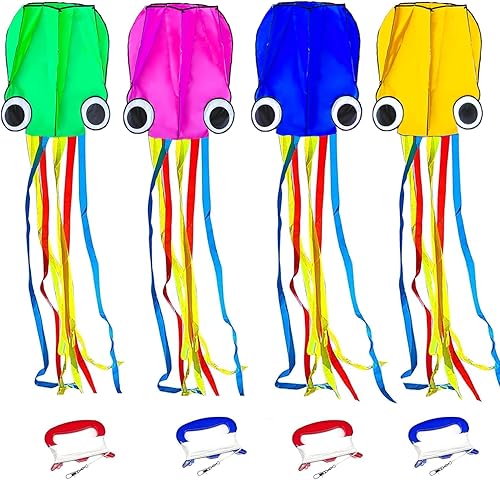 Miniatura 7 de Flying Hoofer Paquete de 2 cometas coloridas de pulpo para niños y adultos, fácil de volar, cometa 3D con colas largas. Perfecto para actividades en