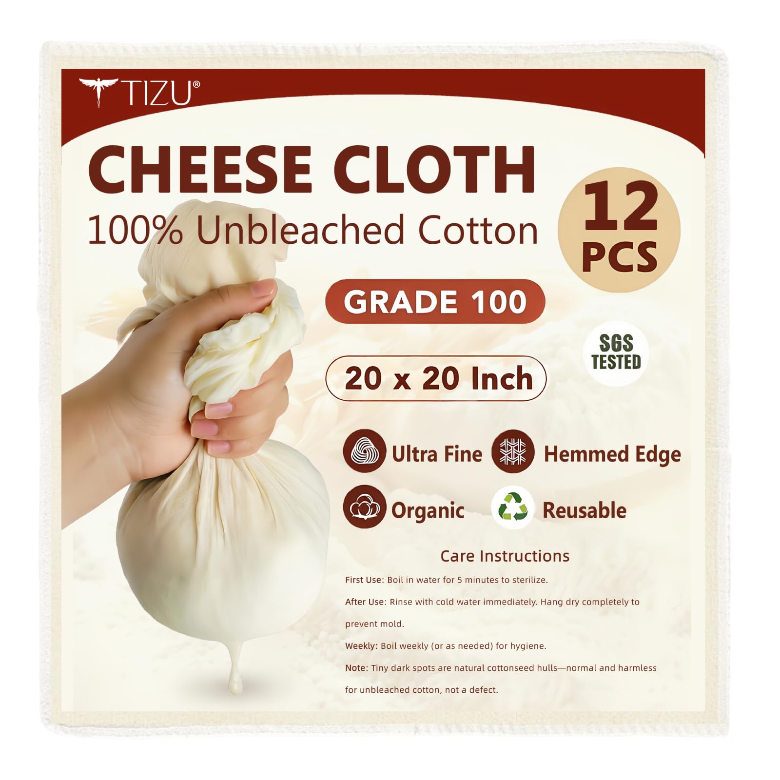 12 Piezas Paños de Queso 50x50cm-Grado 100 Algodón no Blanqueado al 100% Reutilizable para Filtrado Hacer Leche de Nueces, Yogur y Queso (Tela de Filtración, Cheese Cloth, 12Pcs) (12 Pcs)