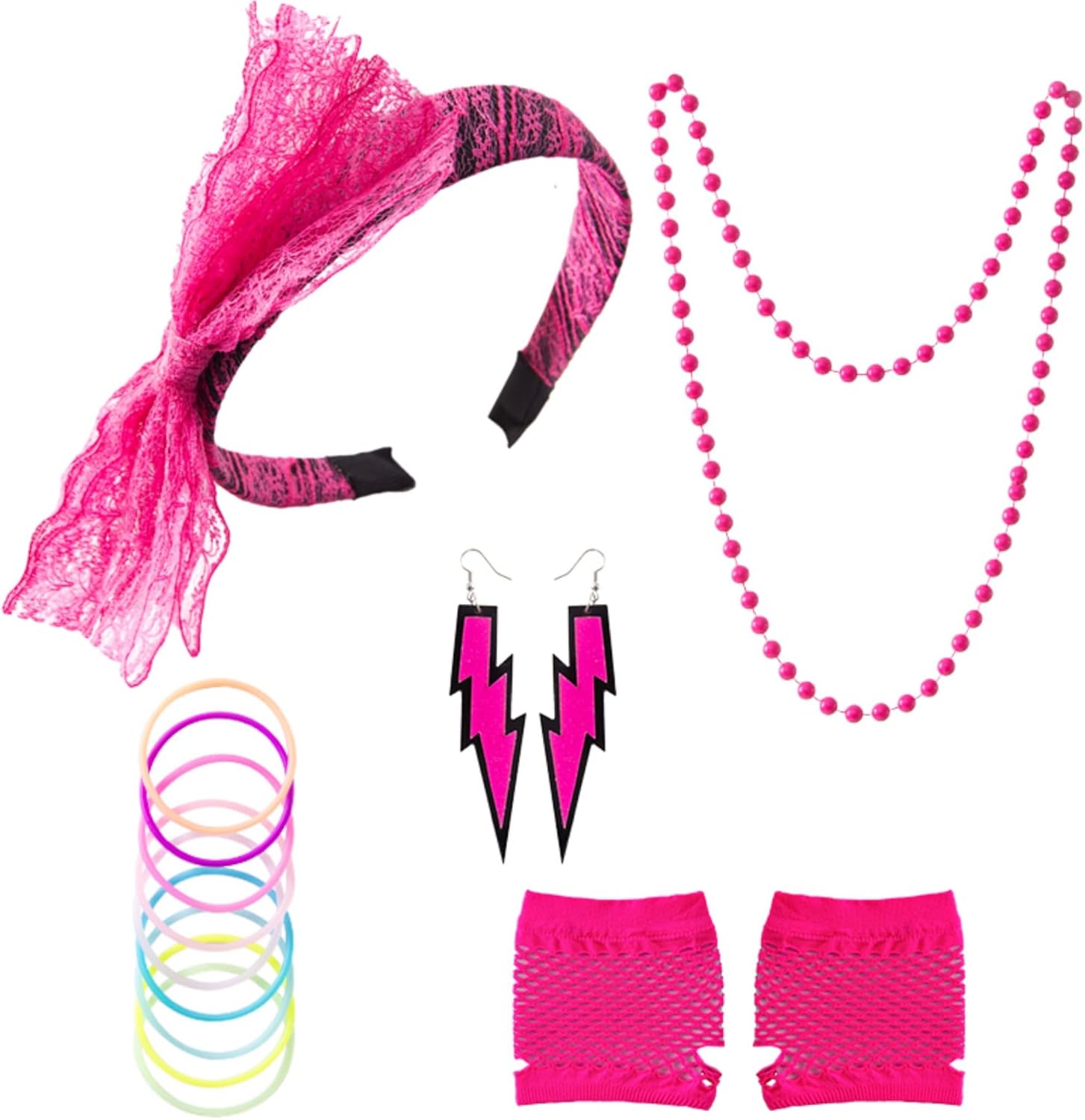 80's Costumes Set Headband Earrings Necklace Bracelets Fishnet Gloves for Halloween Cosplay Retro Theme Party