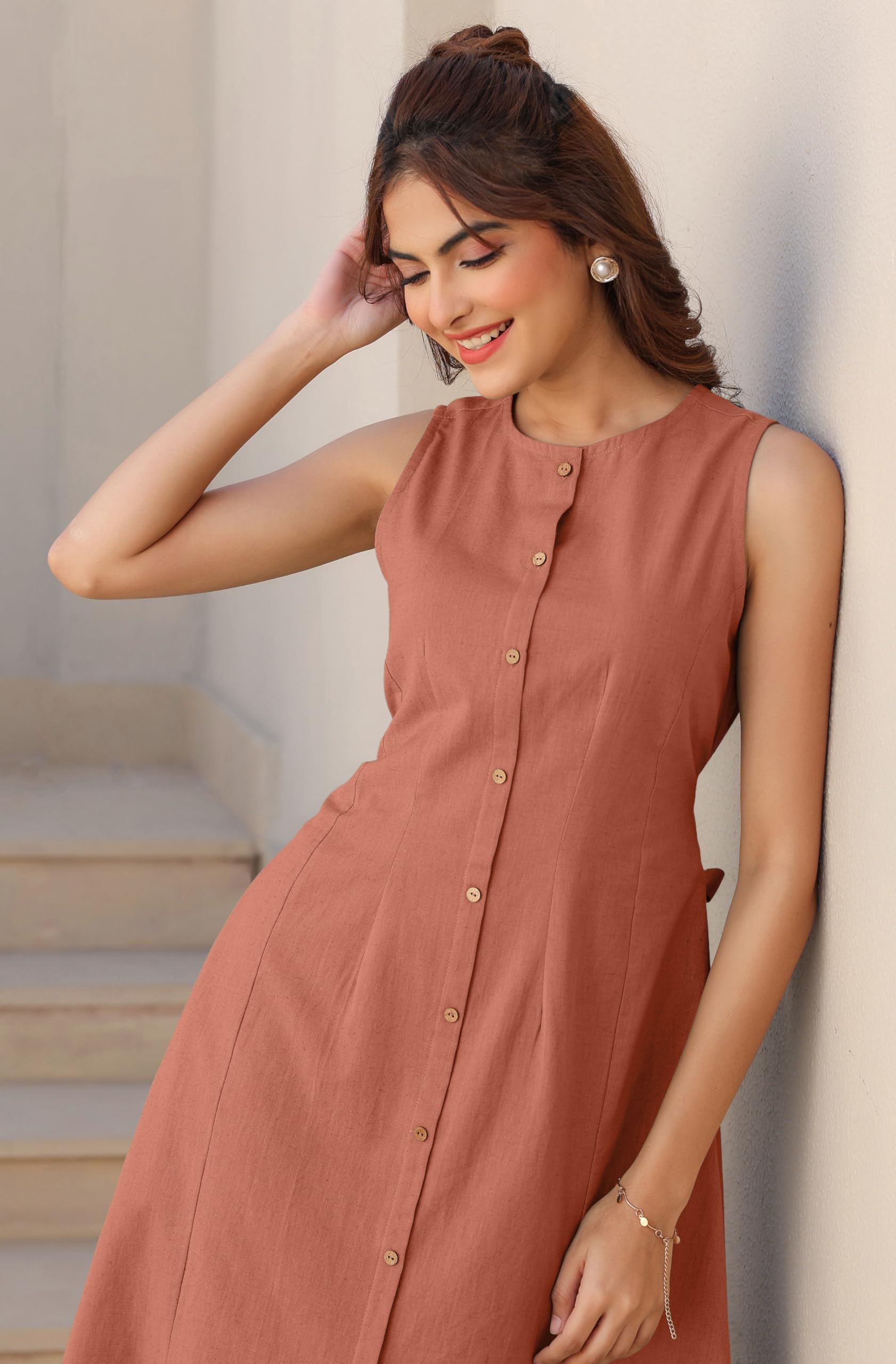 Janasya Women's Rust Linen Cotton Solid A-line Dress product image 7