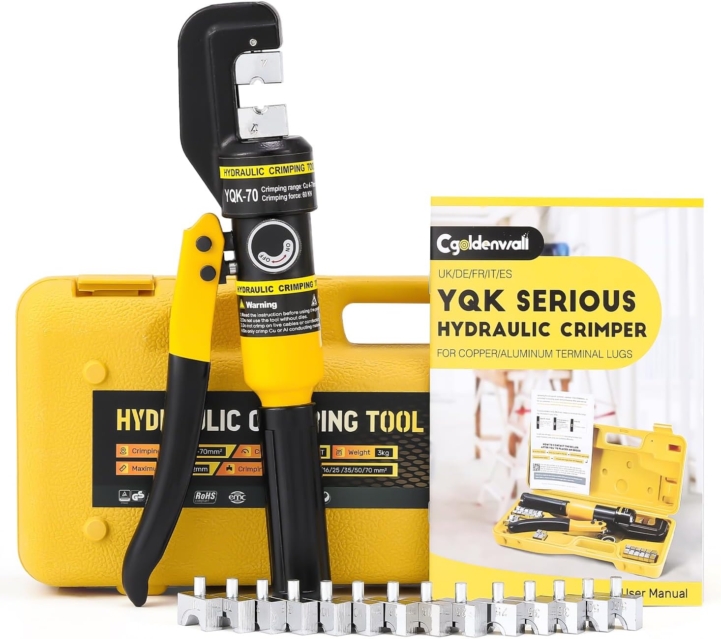 CGOLDENWALL Hydraulic Crimping Tools 10T 4-70m㎡ with Hexagon Steel 9 Dies for Copper and Aluminum Terminal Lugs Battery Wire Crimping, 2 Pairs of Sealing Rings Included