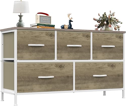 OLIXIS Cómoda para dormitorio con 5 cajones, cómoda ancha, cómoda de tela para dormitorio con organizador de cajones, unidad organizadora de Roble