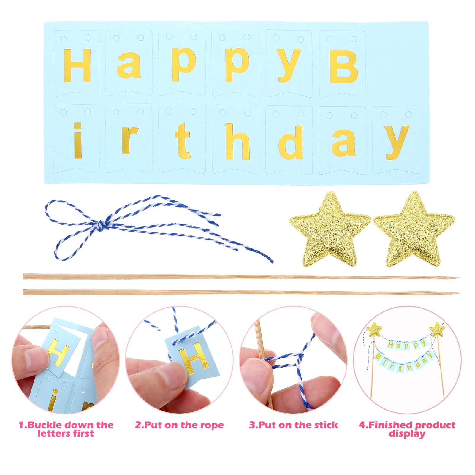 6 Sets Happy Birthday Tortendeko Kuchenaufsatz, Happy Birthday Cake Topper Cupcake Topper Girlande Geburtstag Wimpelkette Banner Kuchenaufsätze Goldene Sternflagge für Jungen und Mädchen