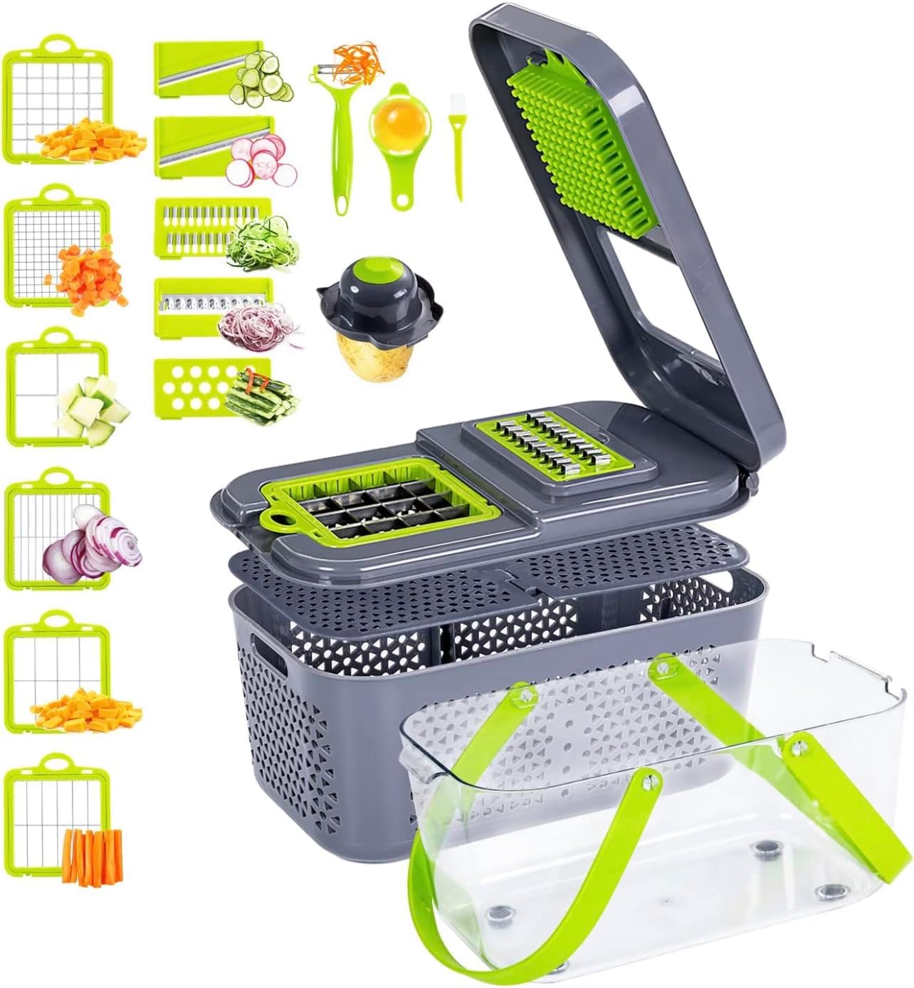 Chopper Vegetable Cutter 22-in-1, Mandoline Slicer with 13 Blades, with Container | Cutter | Egg Slicer | Cheese Grater | Veggie Dicer | Onion Mincer Chopper (GREEN)