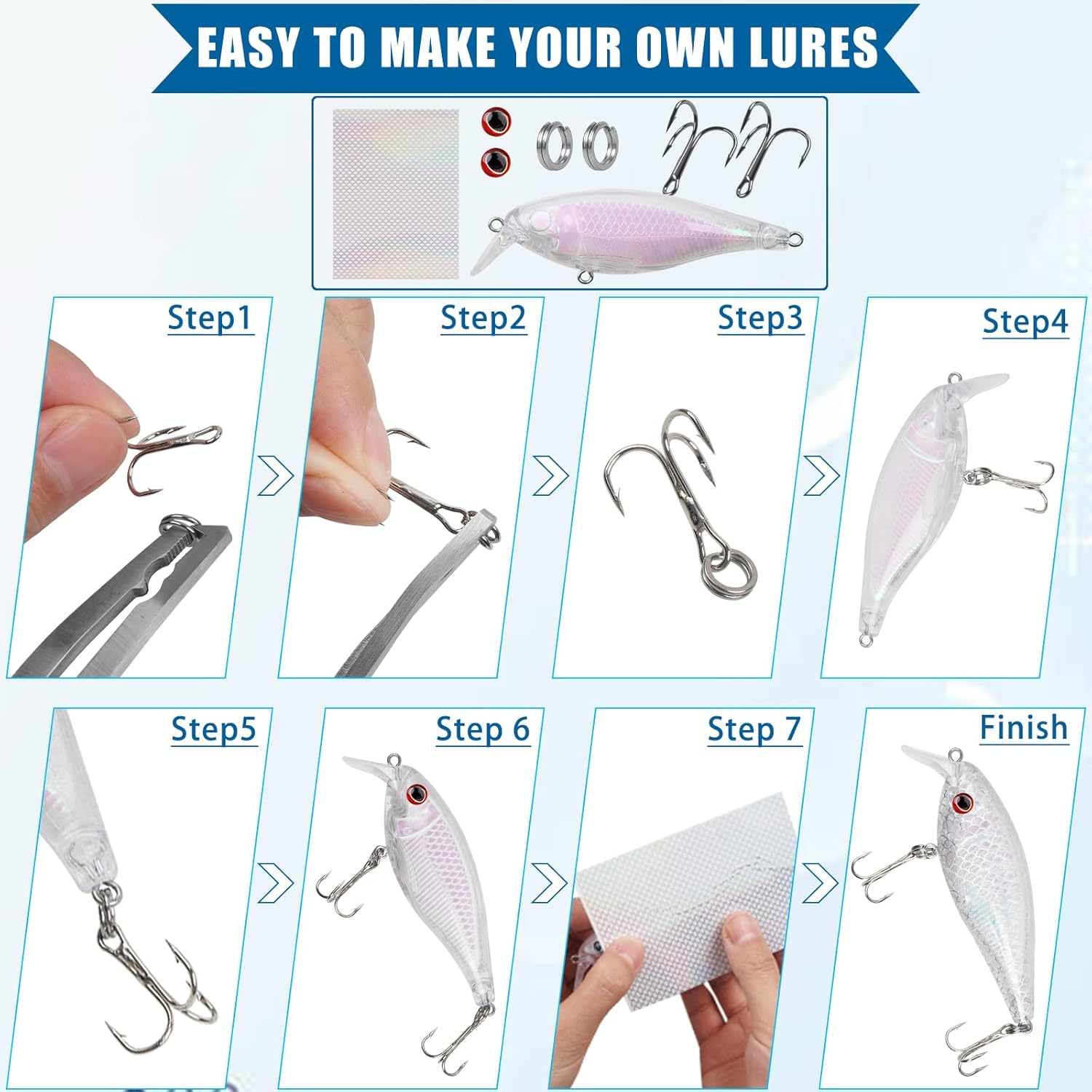 Unpainted Fishing Lures Making Kit DIY Blank Lures Crankbaits Minnow Jerkbait Hard Bait Set with Treble Hooks, Split Rings, Lure Eyes Lure Making Supplies Make Your Own Fishing Lures