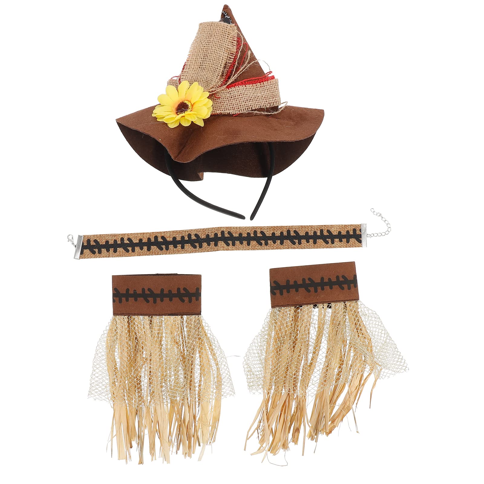 STOBOK Scarecrow Costume Set 4Pcs Halloween Scarecrow Costume Flower Straw Hat and Necklace Straw Wristbands for Halloween Carnival Cosplay Accessories