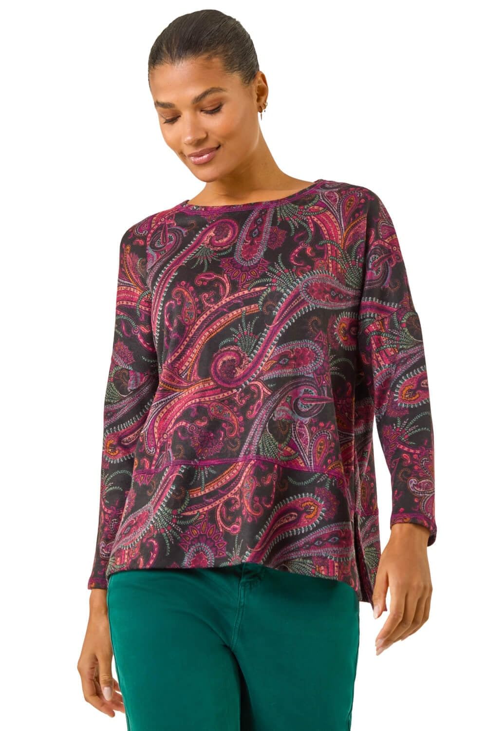 Roman Originals Paisley Print Snit Top for Women UK - Ladies Everyday Autumn Winter Round Neckline Comfy Soft Evening Vacation Work Party Night Out - Red - Size 20