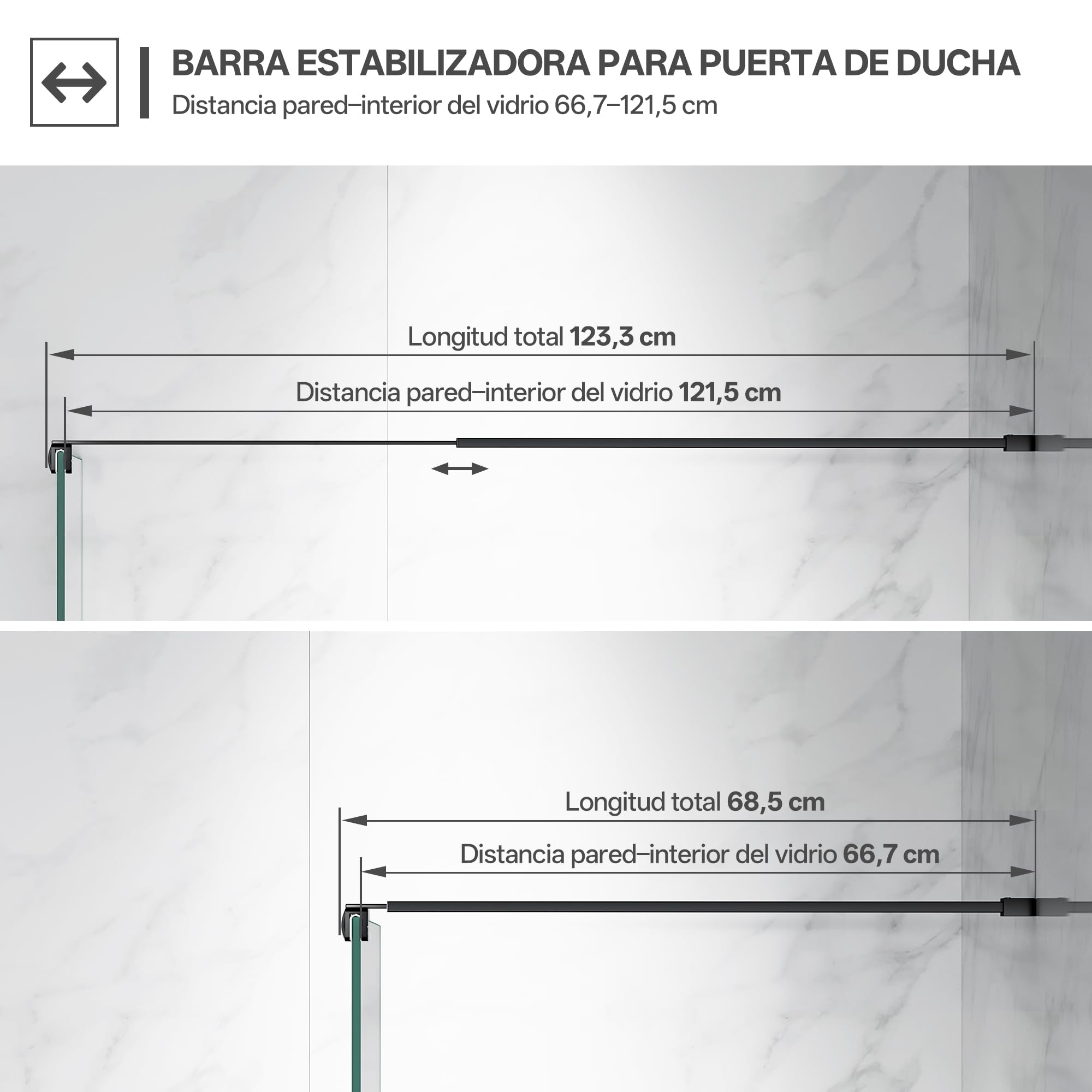 Barra de soporte telescópica de pared para mampara de ducha, ajustable de 66,7 a 121,5 cm (desde la pared hasta el borde interior del vidrio), para vidrio de 6-10 mm, negro mate | Fabricado con acero inoxidable 304, adecuado para vidrio de 6-10 mm, diseño