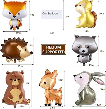 9Pcs Woodland Animal Balloons,Jungle Safari Animal Balloons for Birthday Party Decorations Rabbit,Bear,Fox,Owl,Squirrel Baby Shower Forest Animals Mylar Foil Helium Balloon