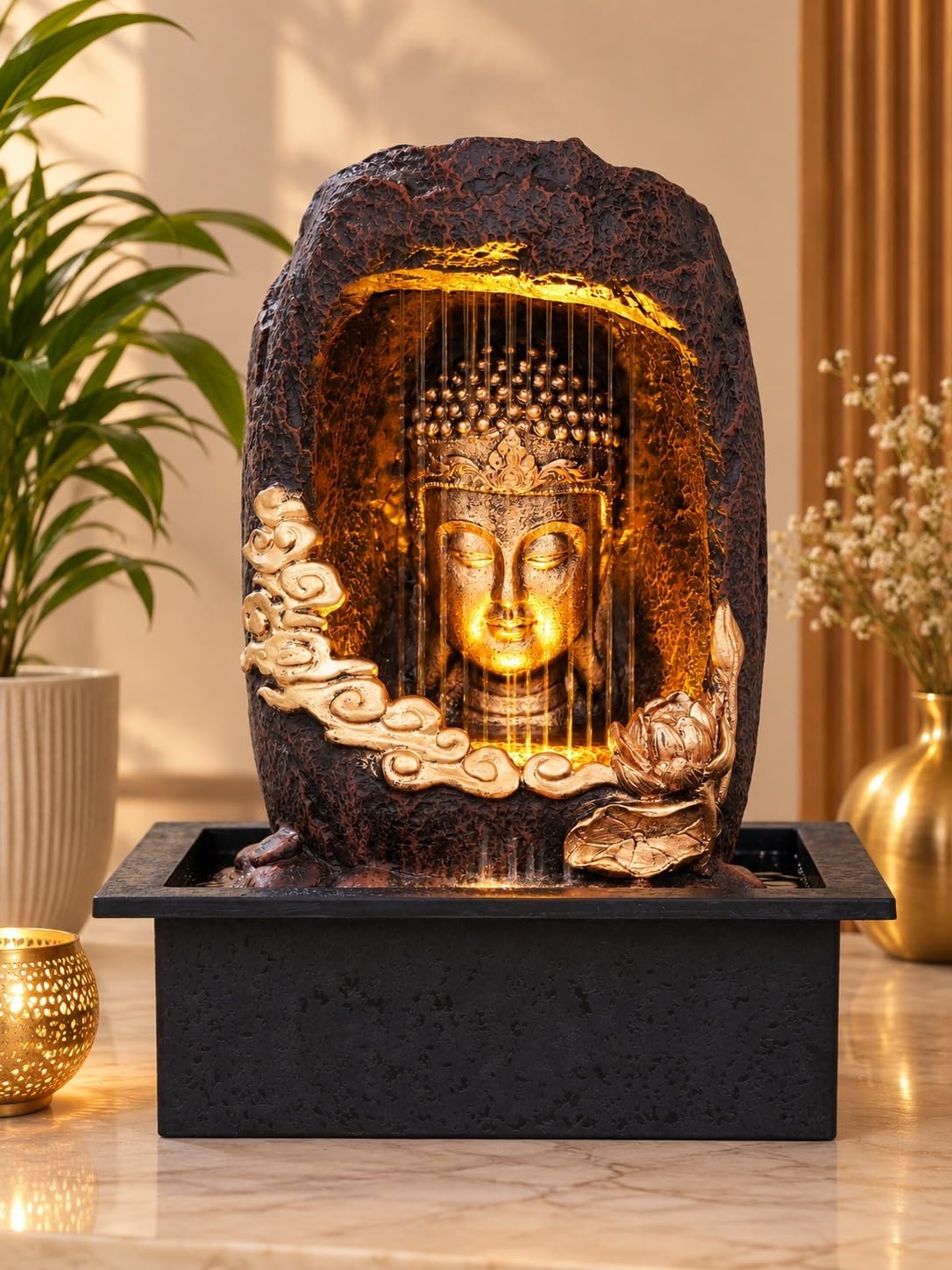 CHRONIKLE Polyresin Tabletop Gold Brown Meditating Buddha Sitting in Cave Style Indoor Front Curtain Waterfall Fountain for Home Decor with LED Light, Speed Controller Pump (Size: 40 x 22 x 29.5CM)