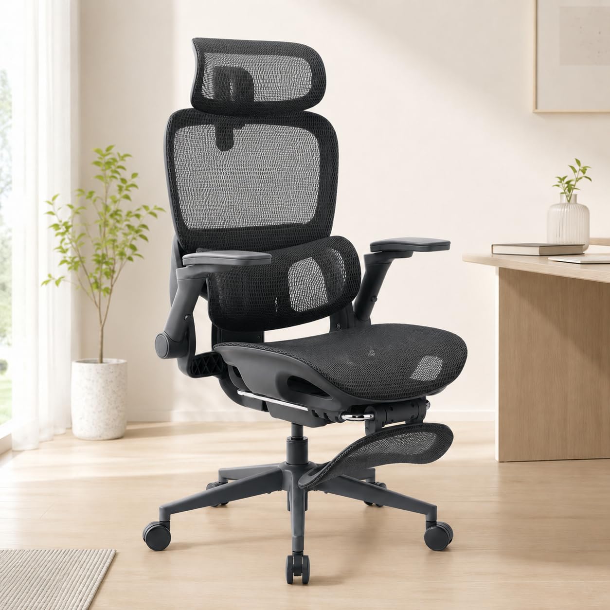 SIHOO B300 PRO Ergonomic Office Chair with Footrest, Adjustable Mesh Desk Chair with 4-Directional Lumbar & Height-Adjustable Backrest, 6D Armrests, Swivel Computer Chair for Long Hours, Black